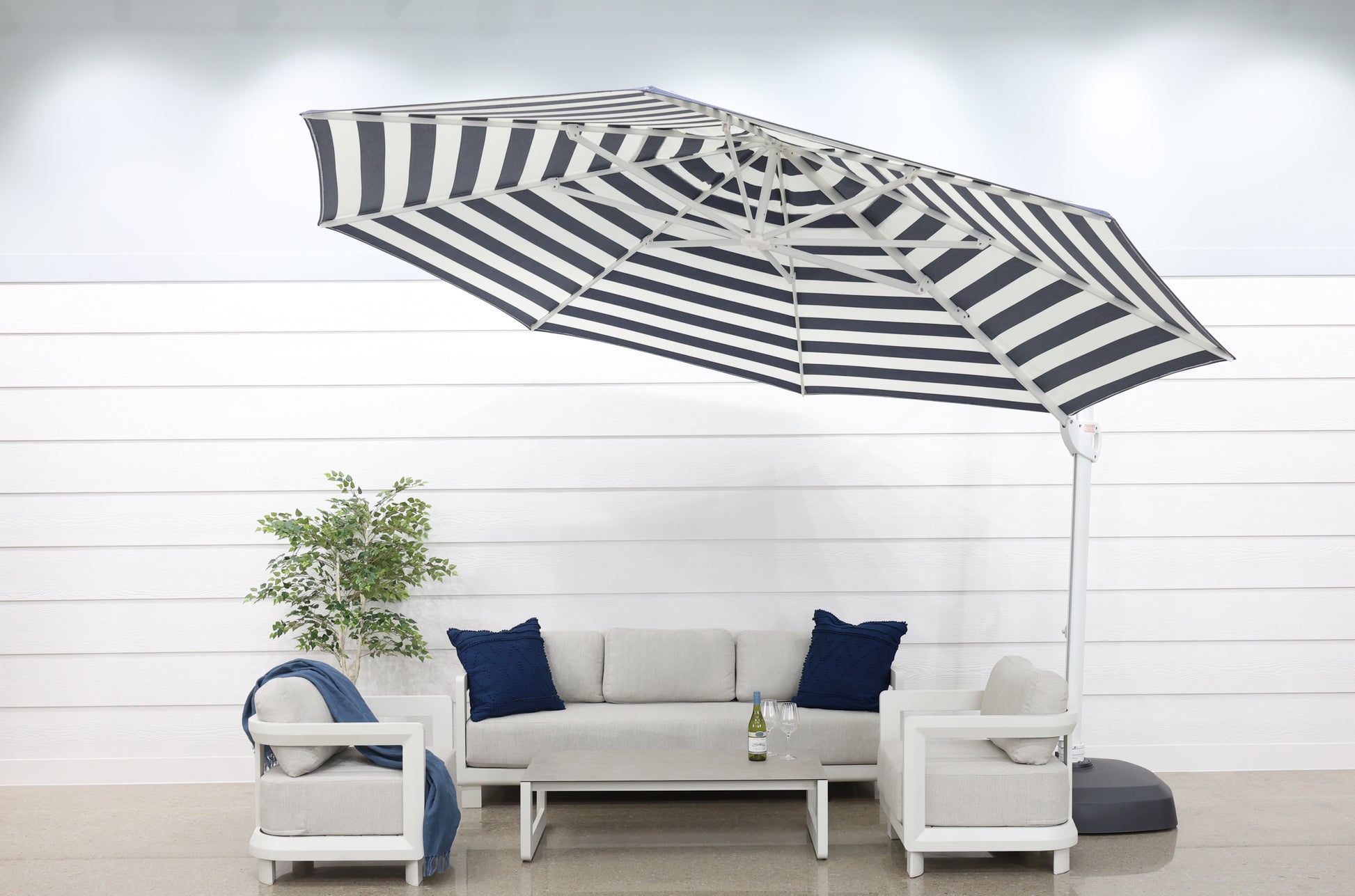 Savannah 380cm Octagonal Cantilever Umbrella - Navy Stripe w/ Wheeled Resin Base