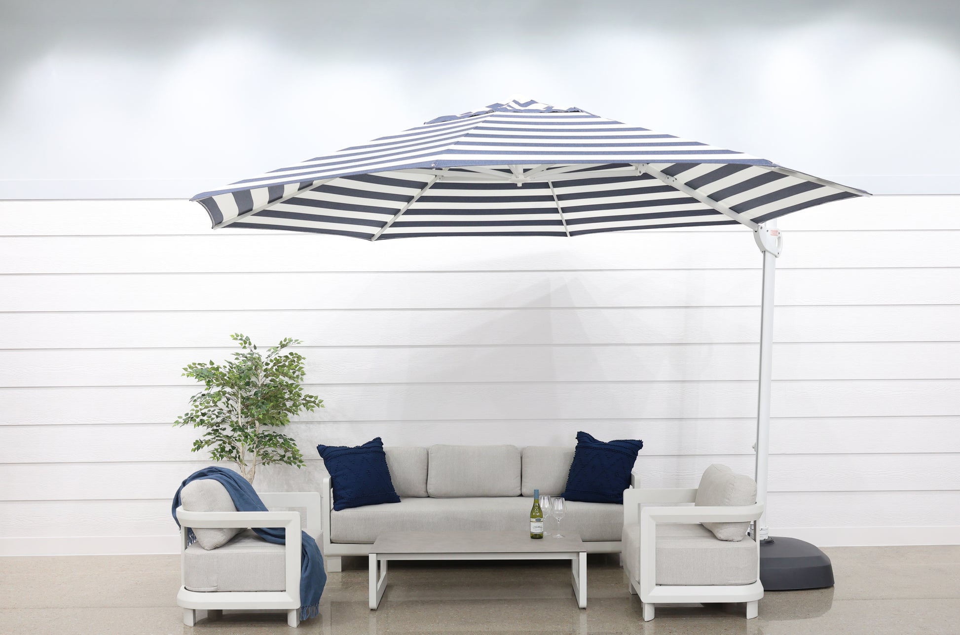 Savannah 380cm Octagonal Cantilever Umbrella - Navy Stripe w/ Wheeled Resin Base