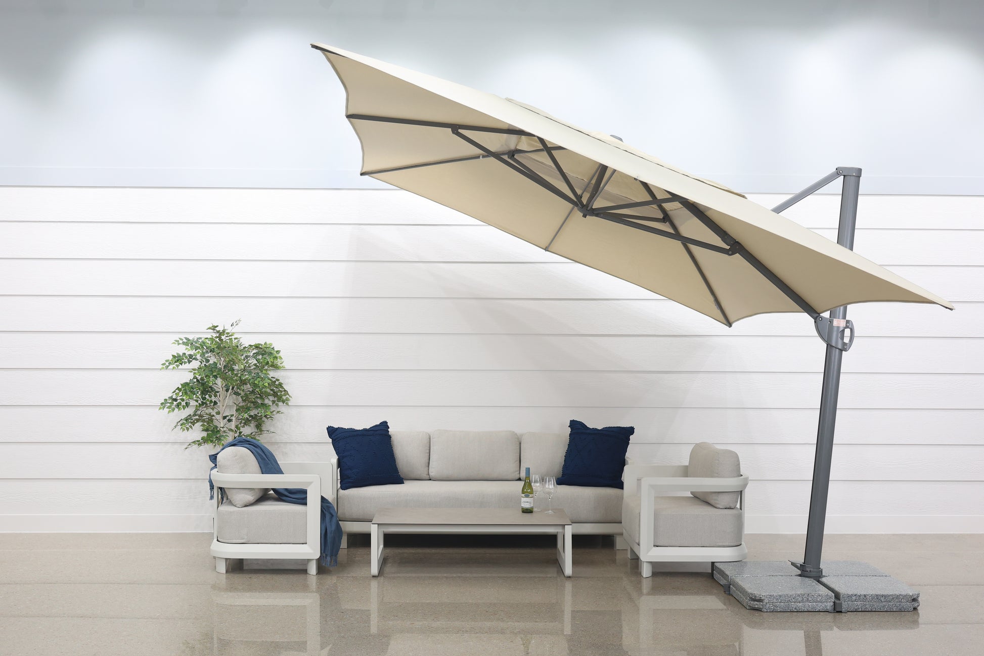 Savannah 400 x 300 Rectangle Cantilever Umbrella - Natural w/ 8x 27kg Granite Base Weights