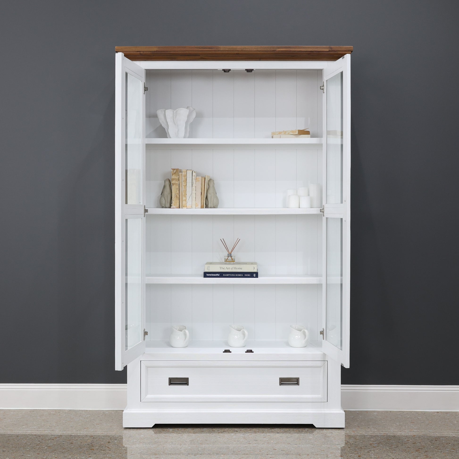 Provedore Two Tone Glass Display Cabinet - Double Door, 1 Drawer