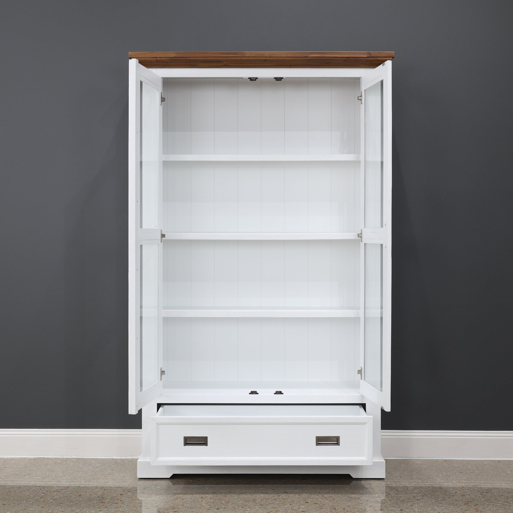 Provedore Two Tone Glass Display Cabinet - Double Door, 1 Drawer