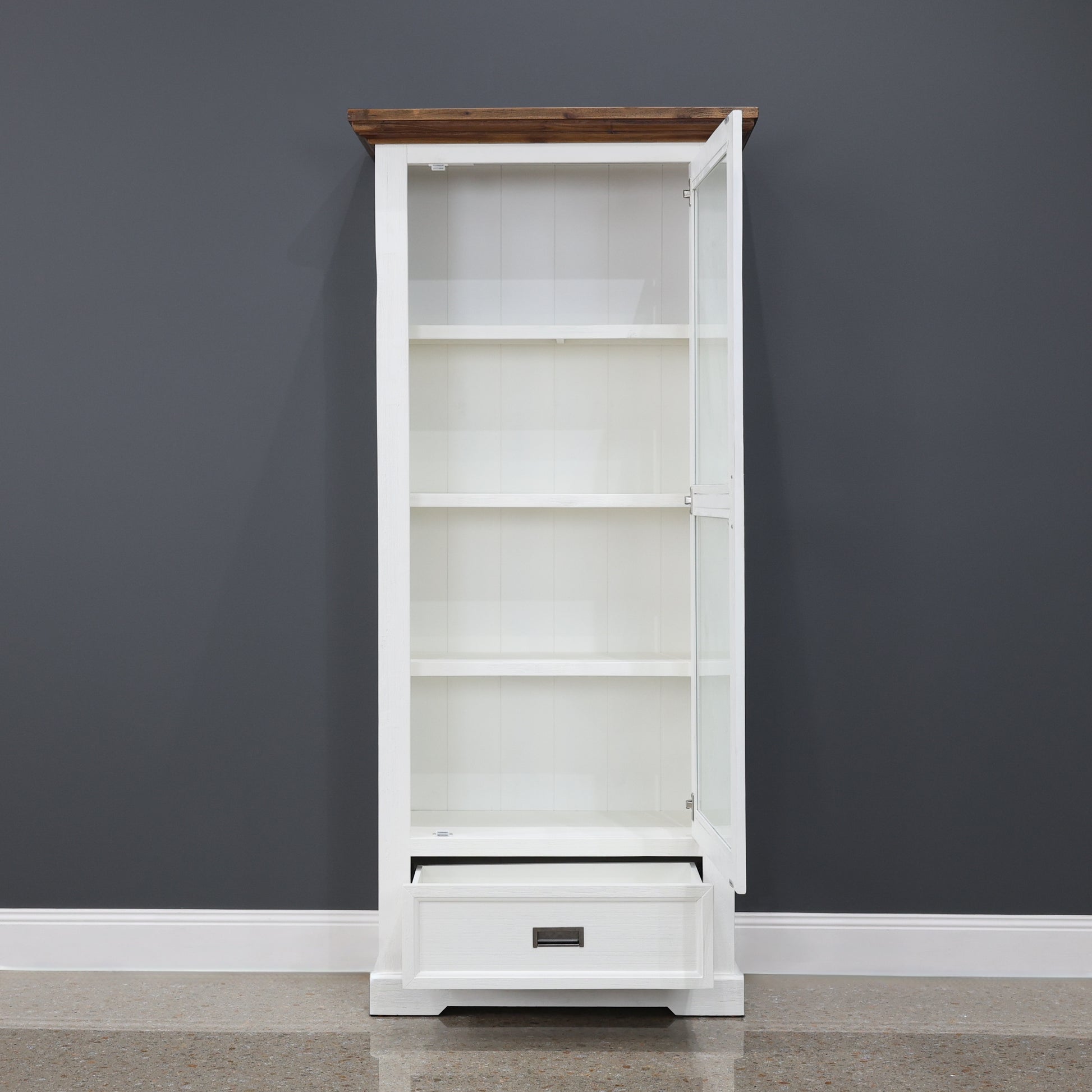 Provedore Two Tone Glass Display Cabinet - Single Door, 1 Drawer