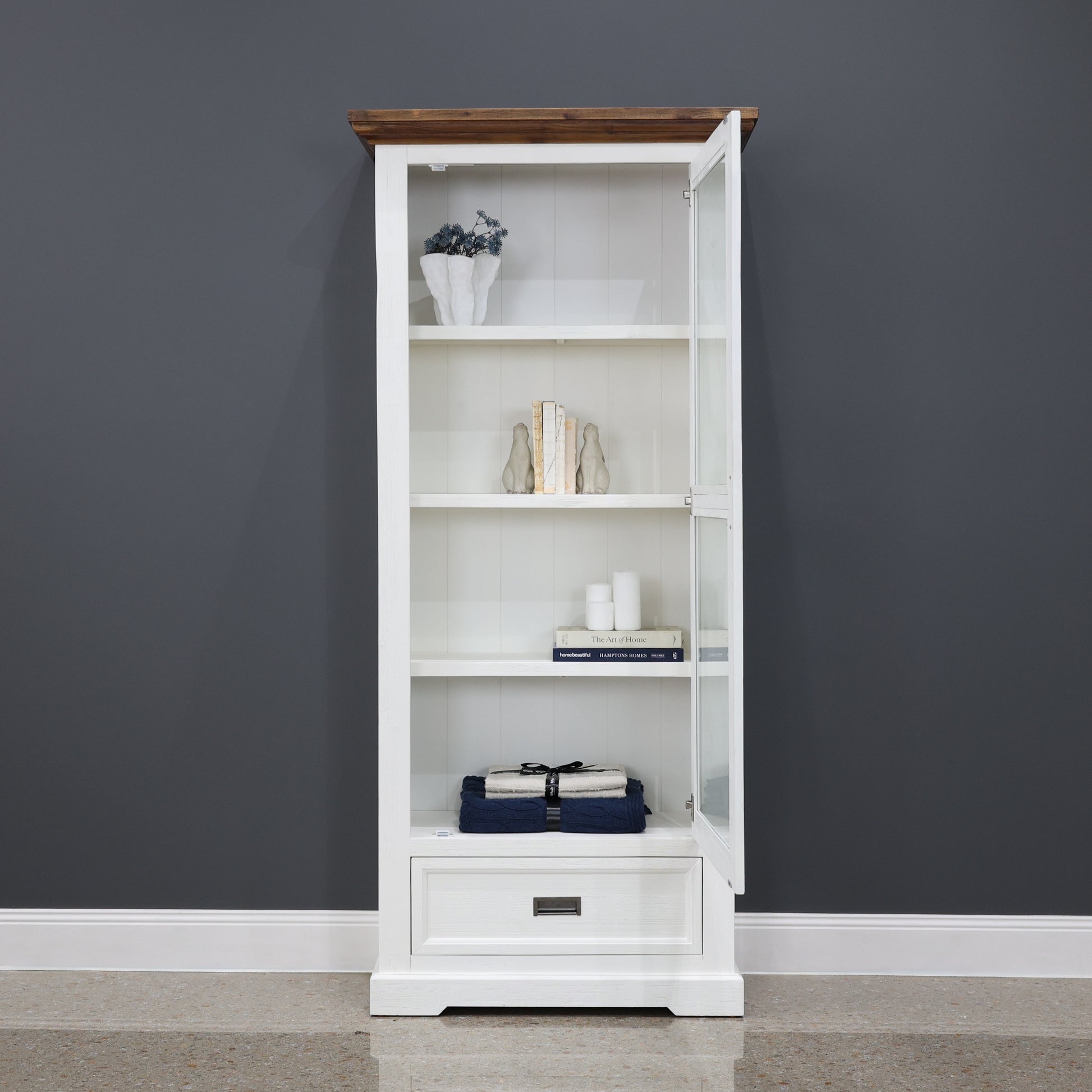 Provedore Two Tone Glass Display Cabinet - Single Door, 1 Drawer