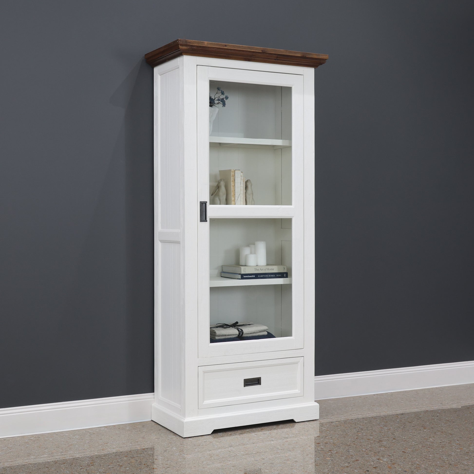 Provedore Two Tone Glass Display Cabinet - Single Door, 1 Drawer
