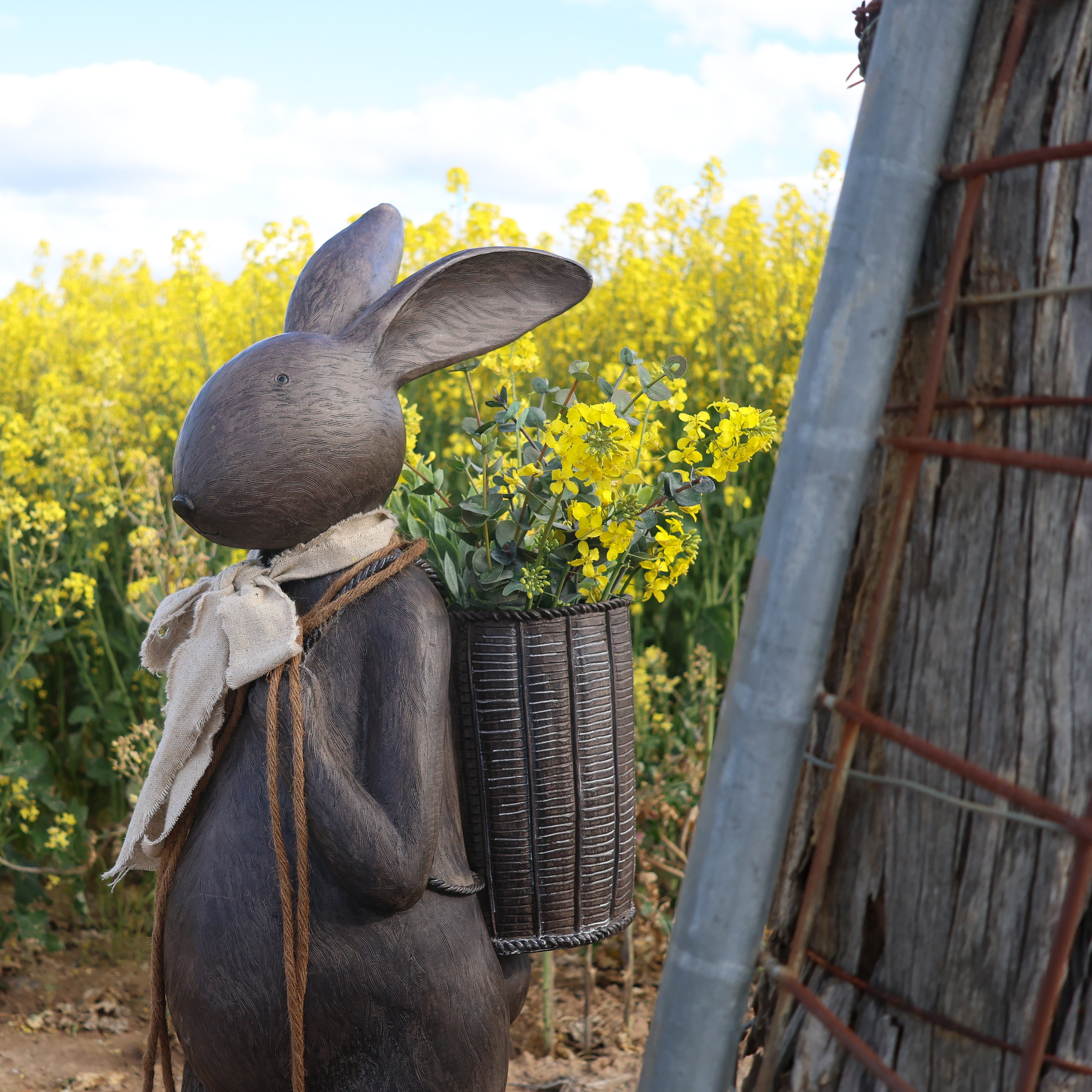 Jack Rabbit Figurine w/ Scarf & Basket - Large