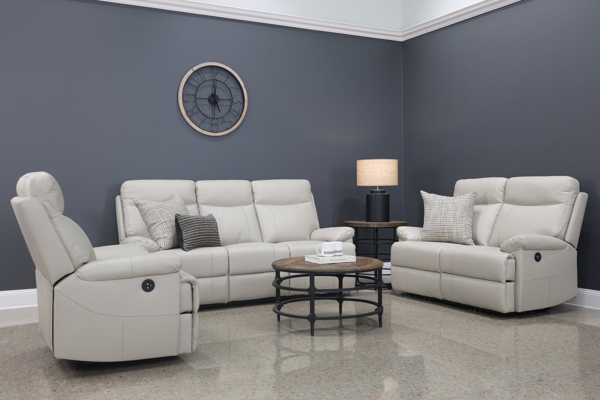 Seymour Electric 3 Seater Sofa - Light Grey Leather