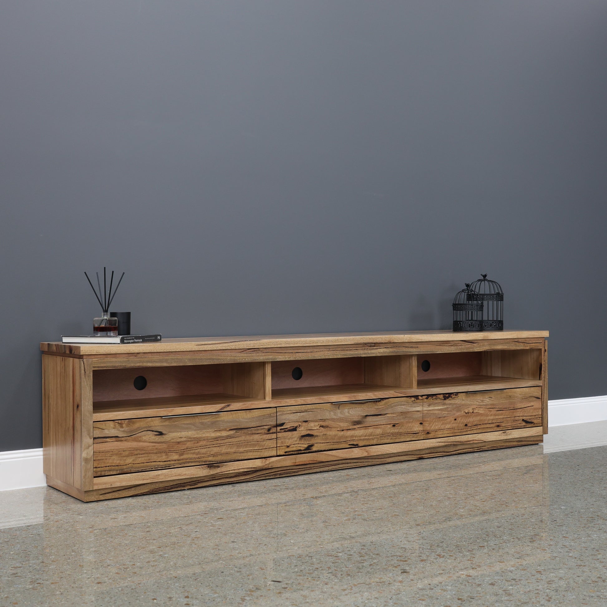 The Marri Wood TV Unit w/ 3 Drawers 3 Niches - 240cmL
