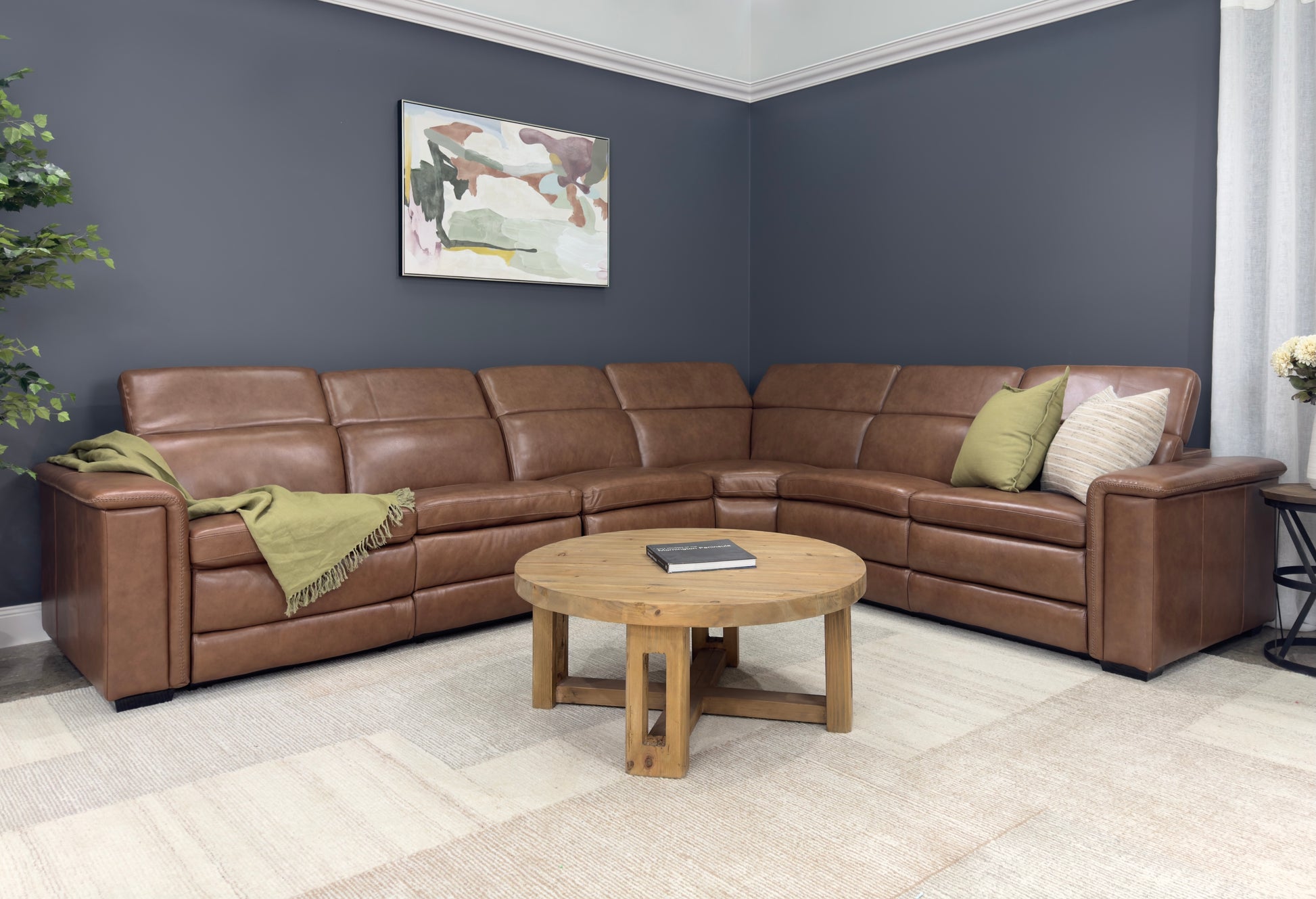 Newcastle Corner Lounge w/ Armless Chair - Brown Leather (LAF Loveseat, Wedge, Armless Chair & RAF Loveseat)