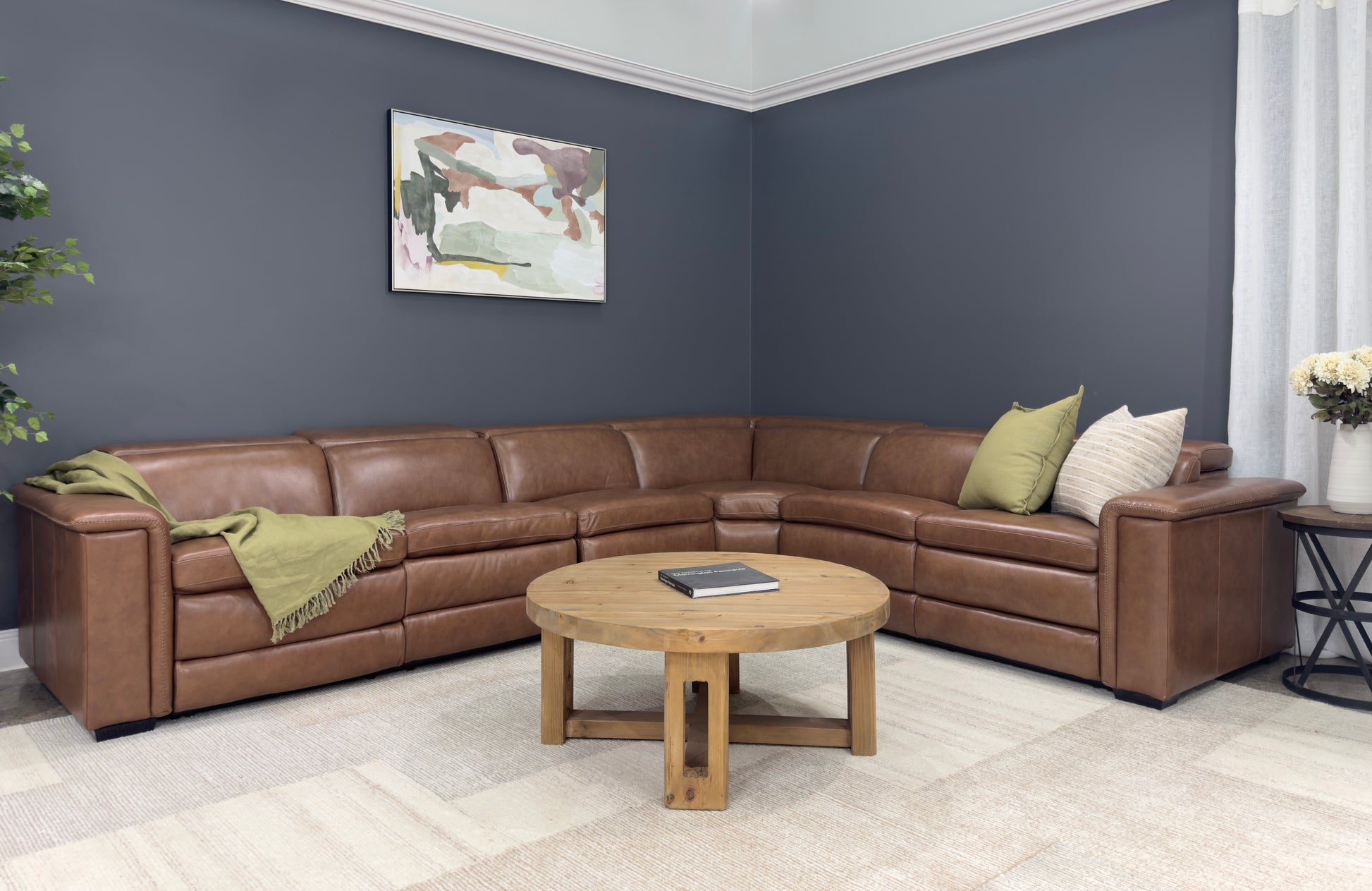 Newcastle Corner Lounge w/ Armless Chair - Brown Leather (LAF Loveseat, Wedge, Armless Chair & RAF Loveseat)