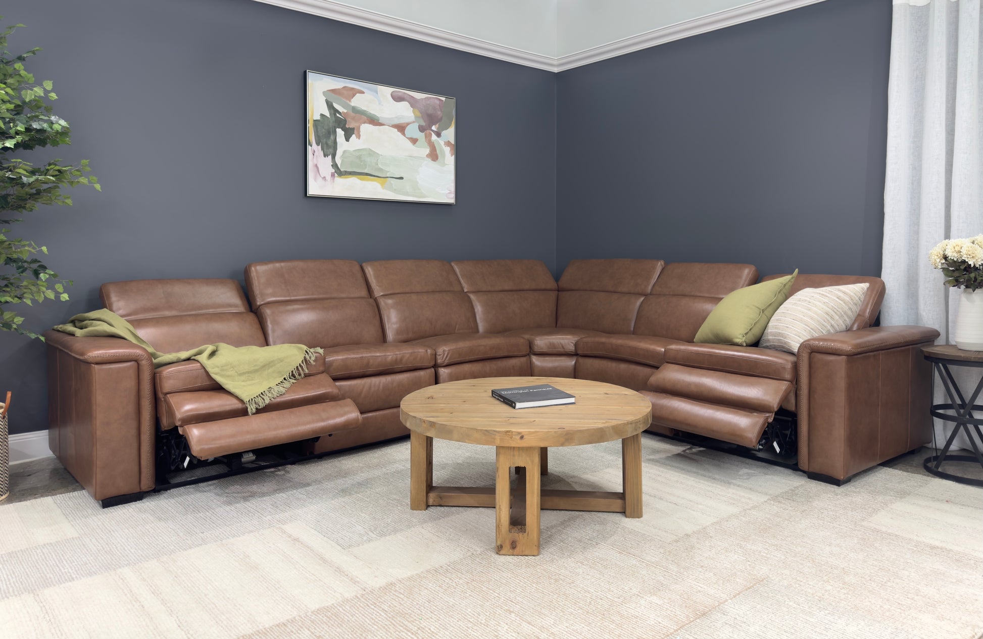 Newcastle Corner Lounge w/ Armless Chair - Brown Leather (LAF Loveseat, Wedge, Armless Chair & RAF Loveseat)