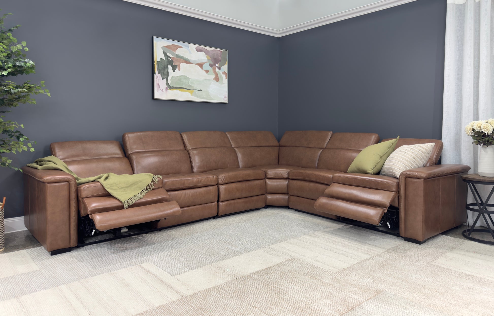 Newcastle Corner Lounge w/ Armless Chair - Brown Leather (LAF Loveseat, Wedge, Armless Chair & RAF Loveseat)