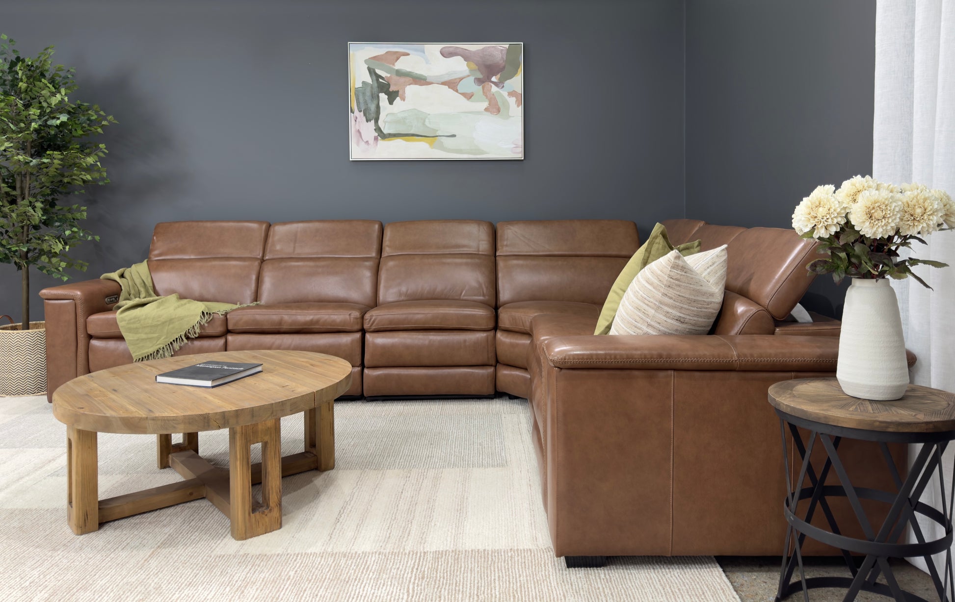 Newcastle Corner Lounge w/ Armless Chair - Brown Leather (LAF Loveseat, Wedge, Armless Chair & RAF Loveseat)