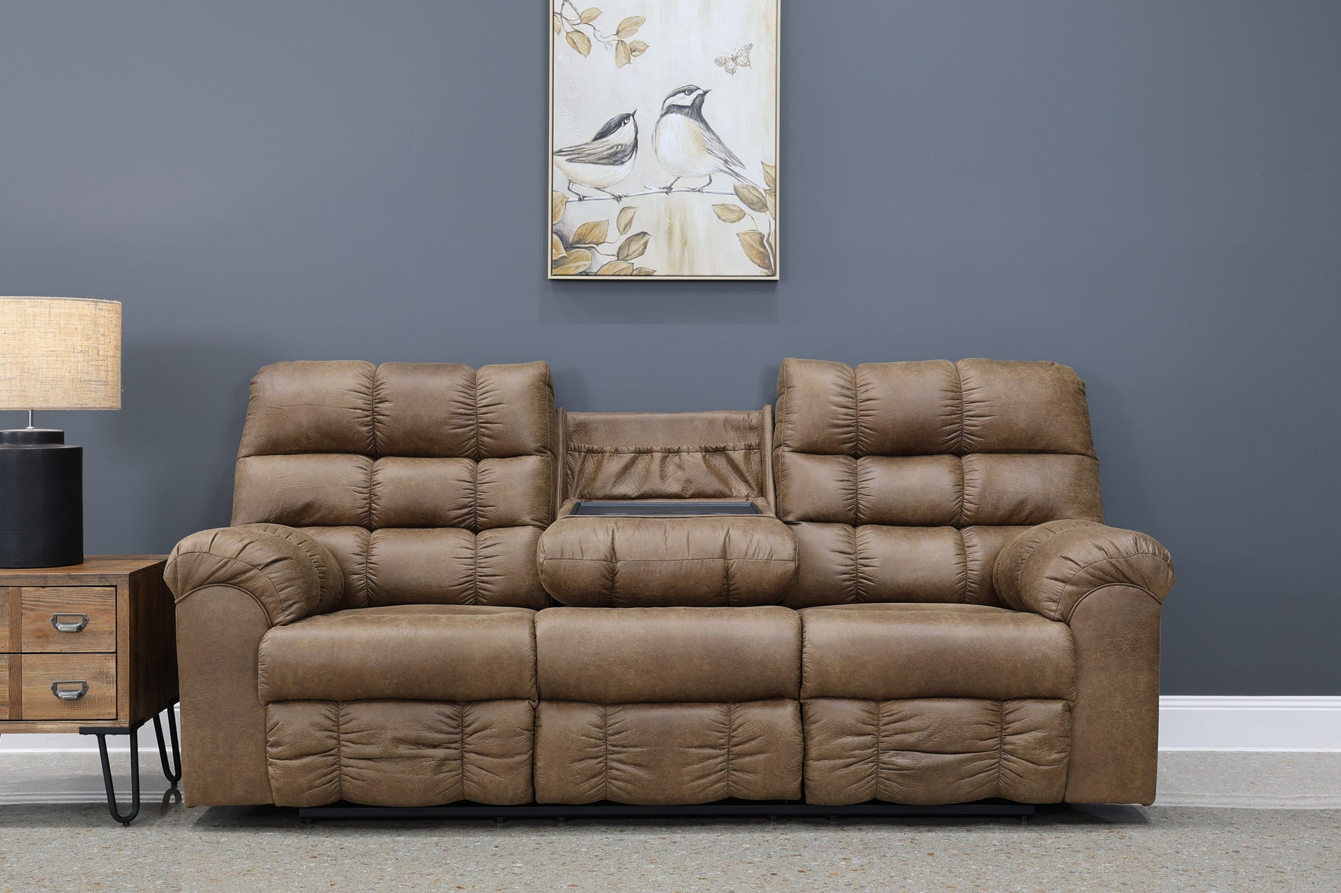 Waldara Reclining Sofa w/ Drop Down Table - Tan
