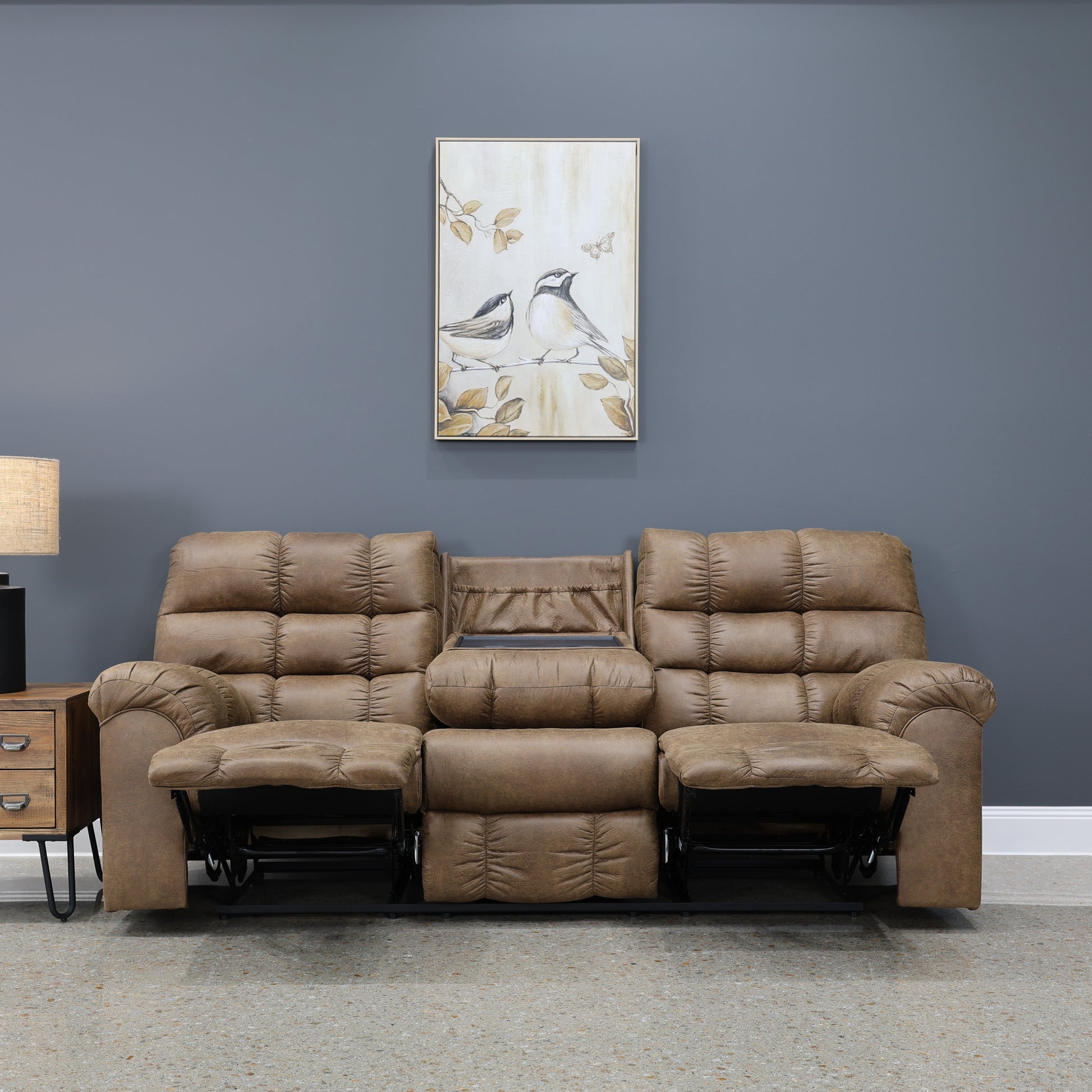 Waldara Reclining Sofa w/ Drop Down Table - Tan