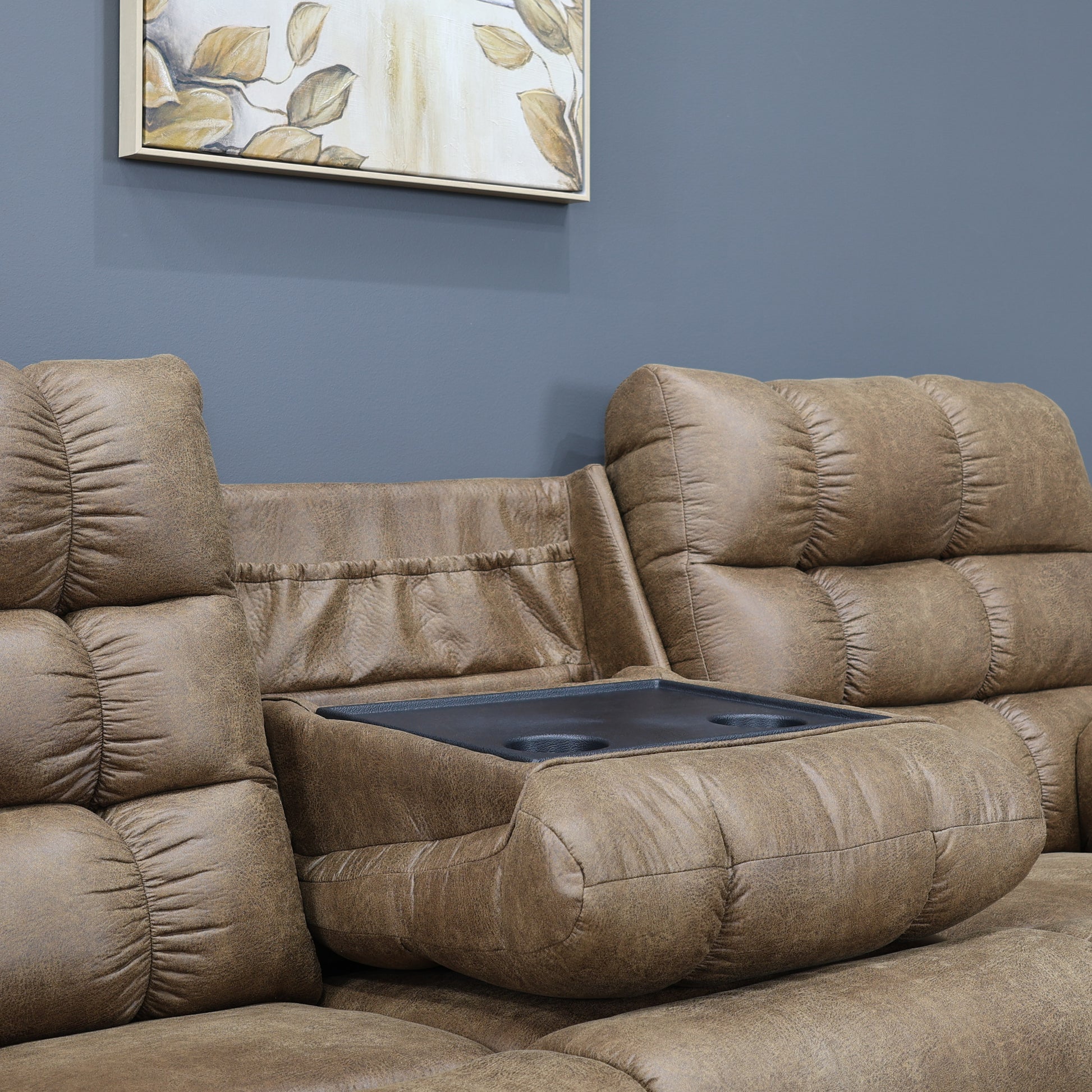 Waldara Reclining Sofa w/ Drop Down Table - Tan