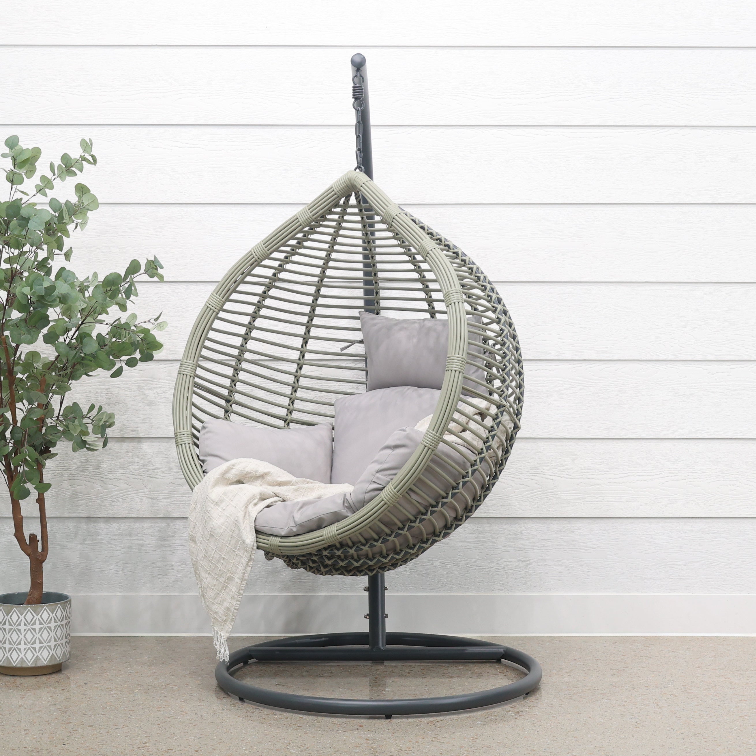 Oceana Outdoor Hanging Egg Chair in Slate Grey with Stand