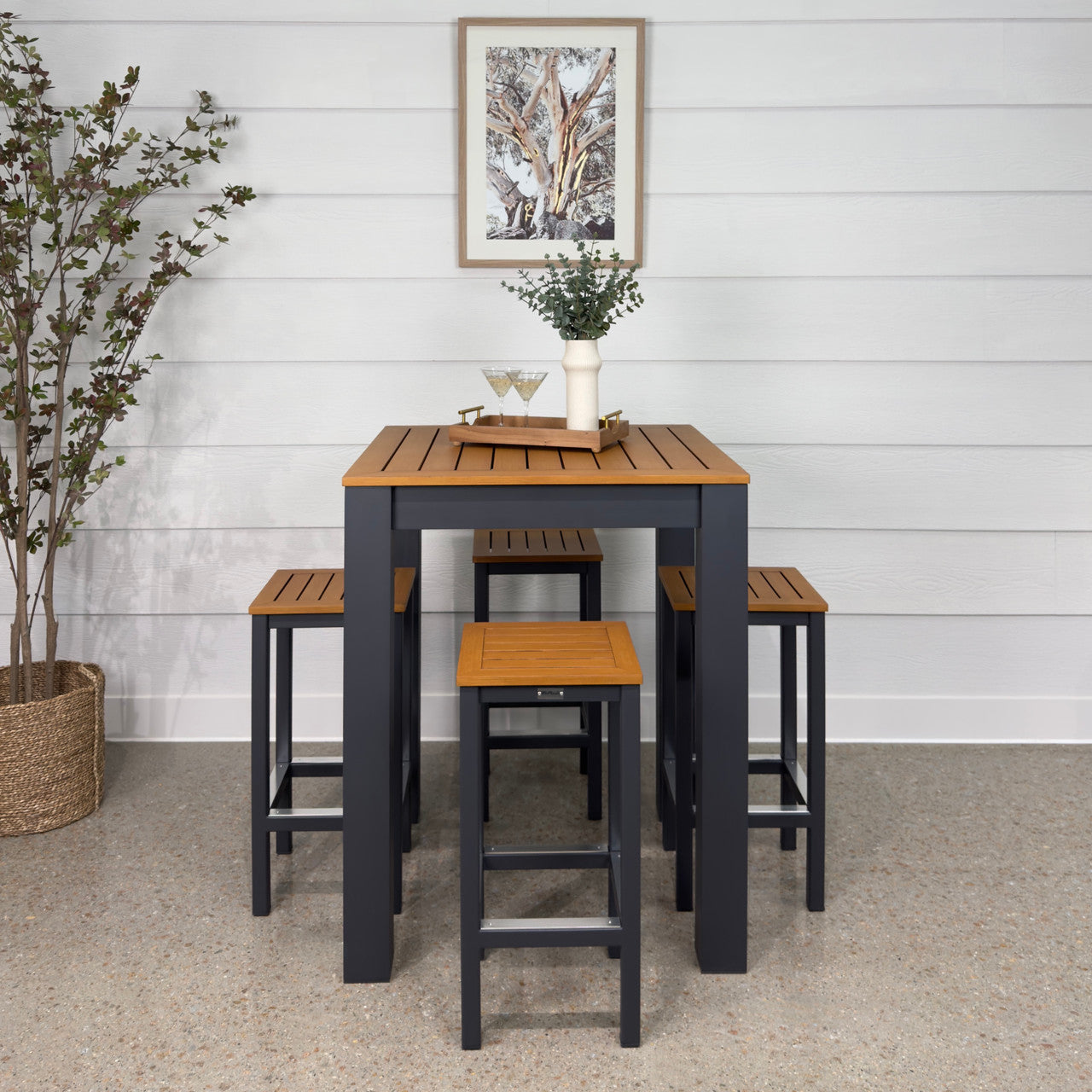 Mildura Bar Table - Charcoal w/ Brushed Teak Top