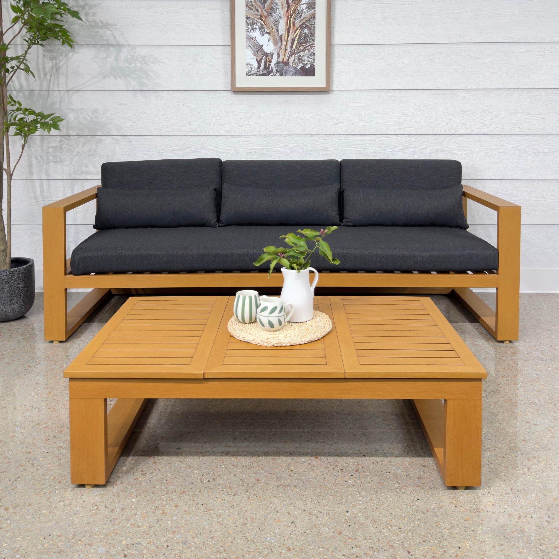 Mildura 3 Seater - Teak Look w/ Denim Grey Cushions