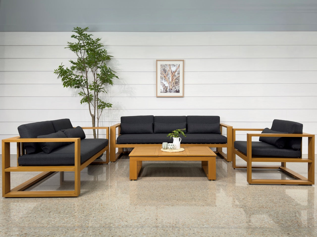 Mildura 2 Seater - Teak Look w/ Denim Grey Cushions