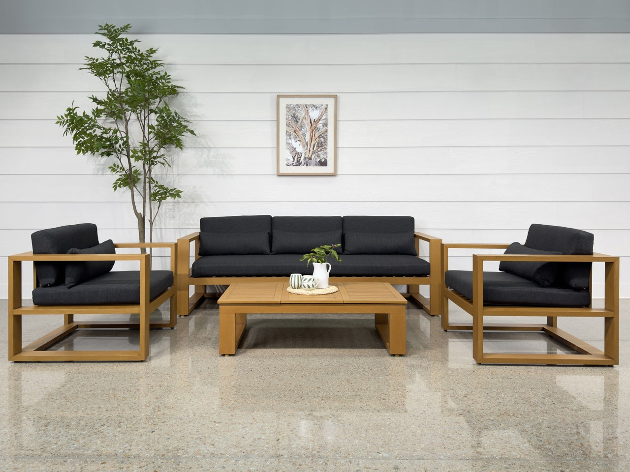 Mildura 3 Seater - Teak Look w/ Denim Grey Cushions