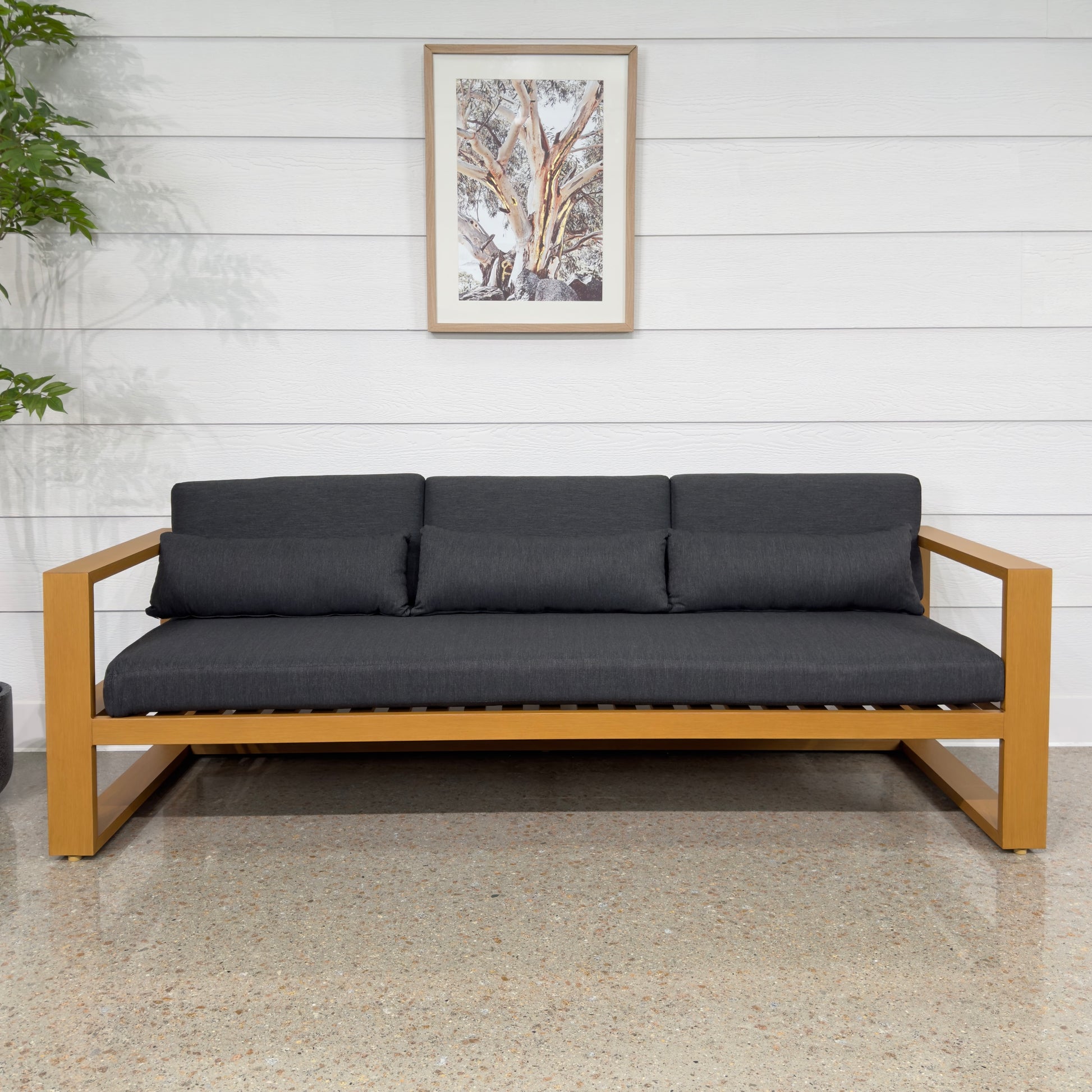 Mildura 3 Seater - Teak Look w/ Denim Grey Cushions