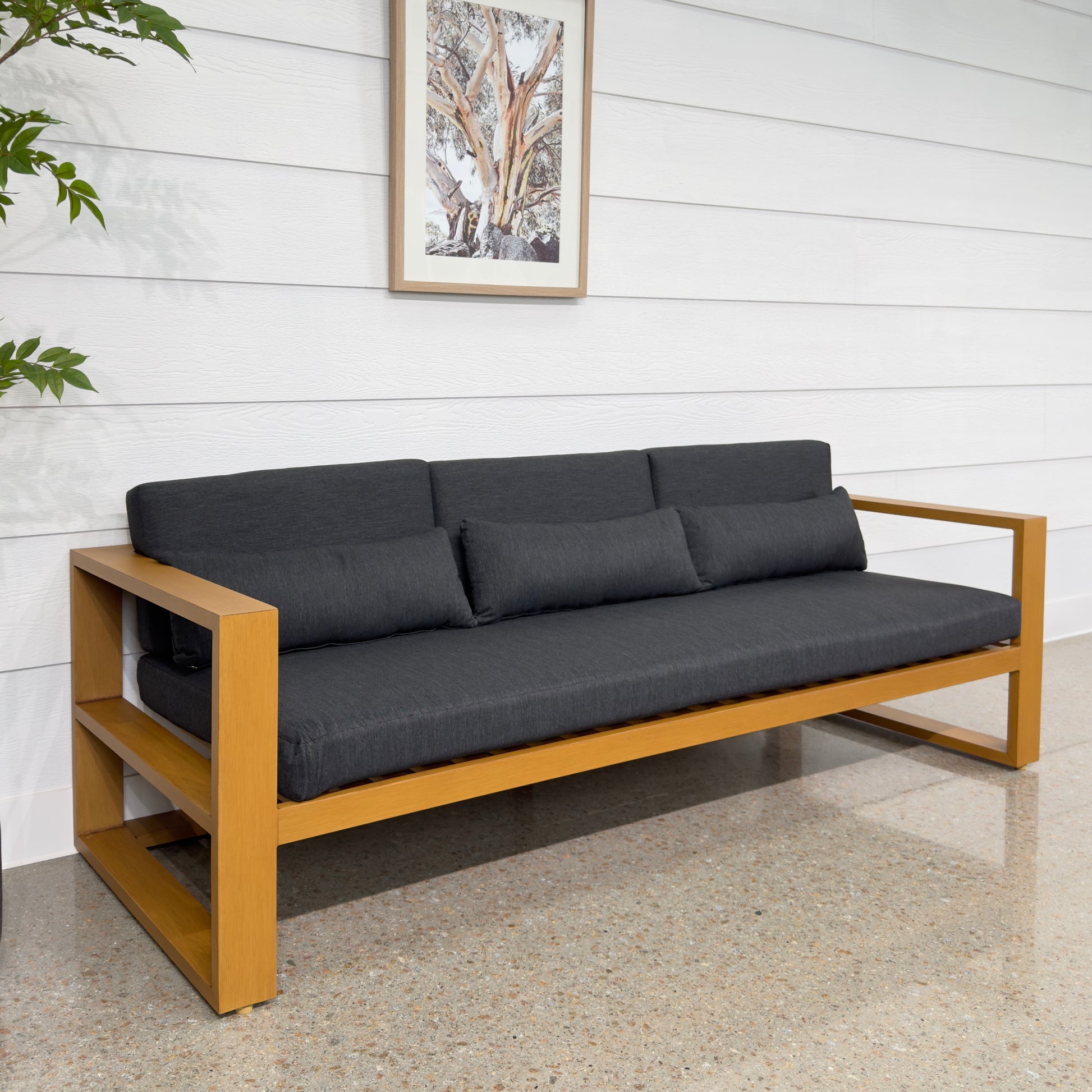 Mildura 3 Seater - Teak Look w/ Denim Grey Cushions