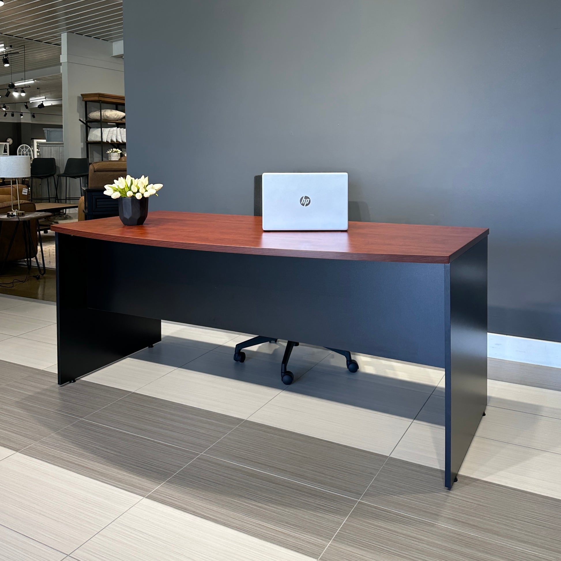 Performance Bow Front Desk - Red Gum/ Charcoal