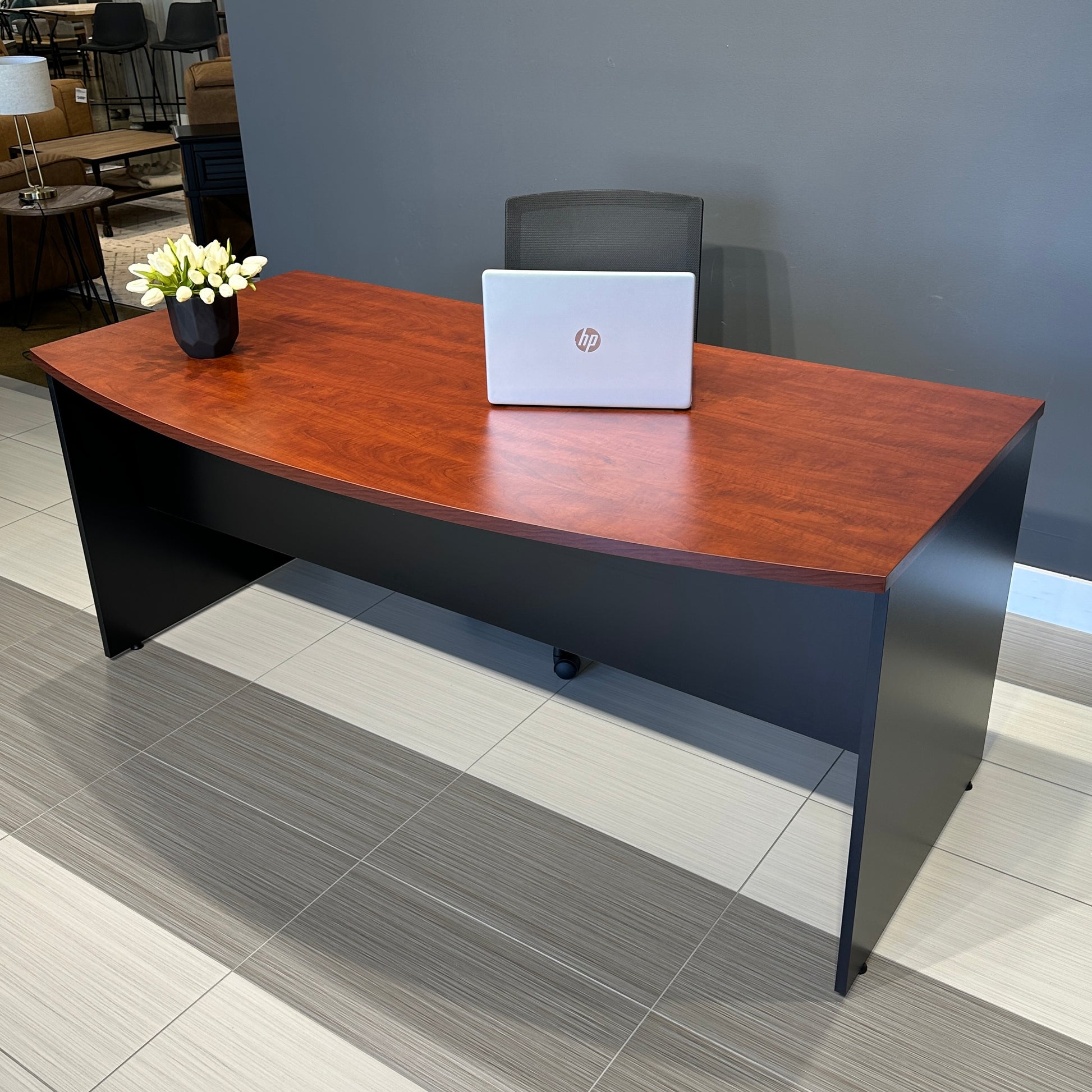 Performance Bow Front Desk - Red Gum/ Charcoal