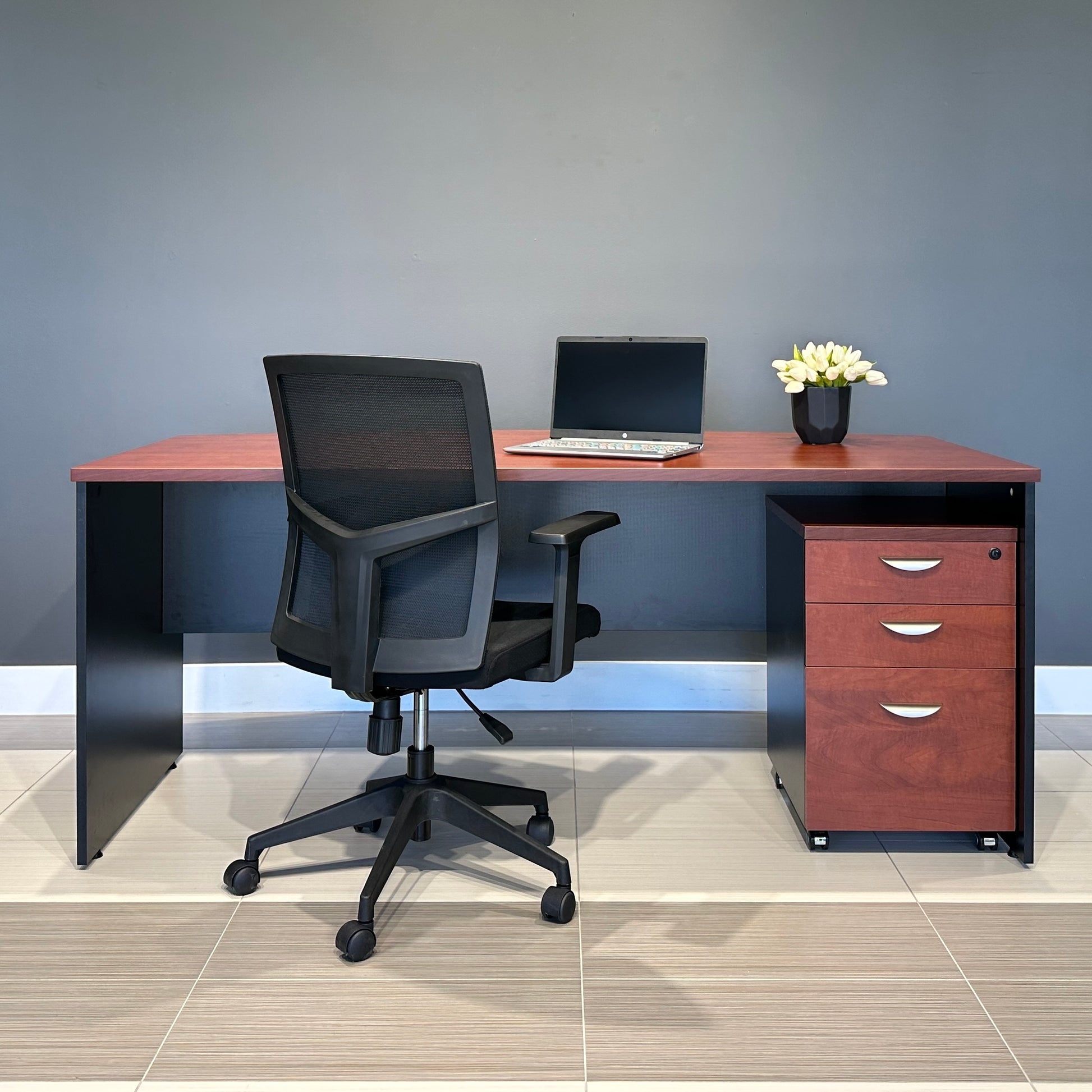 Performance Bow Front Desk - Red Gum/ Charcoal