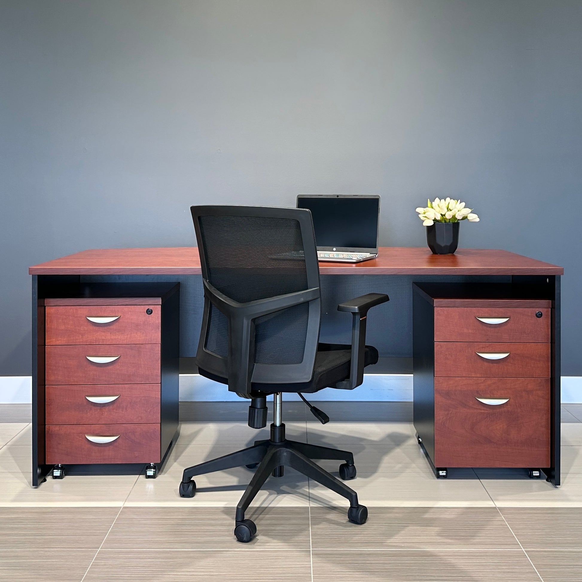 Performance Bow Front Desk - Red Gum/ Charcoal