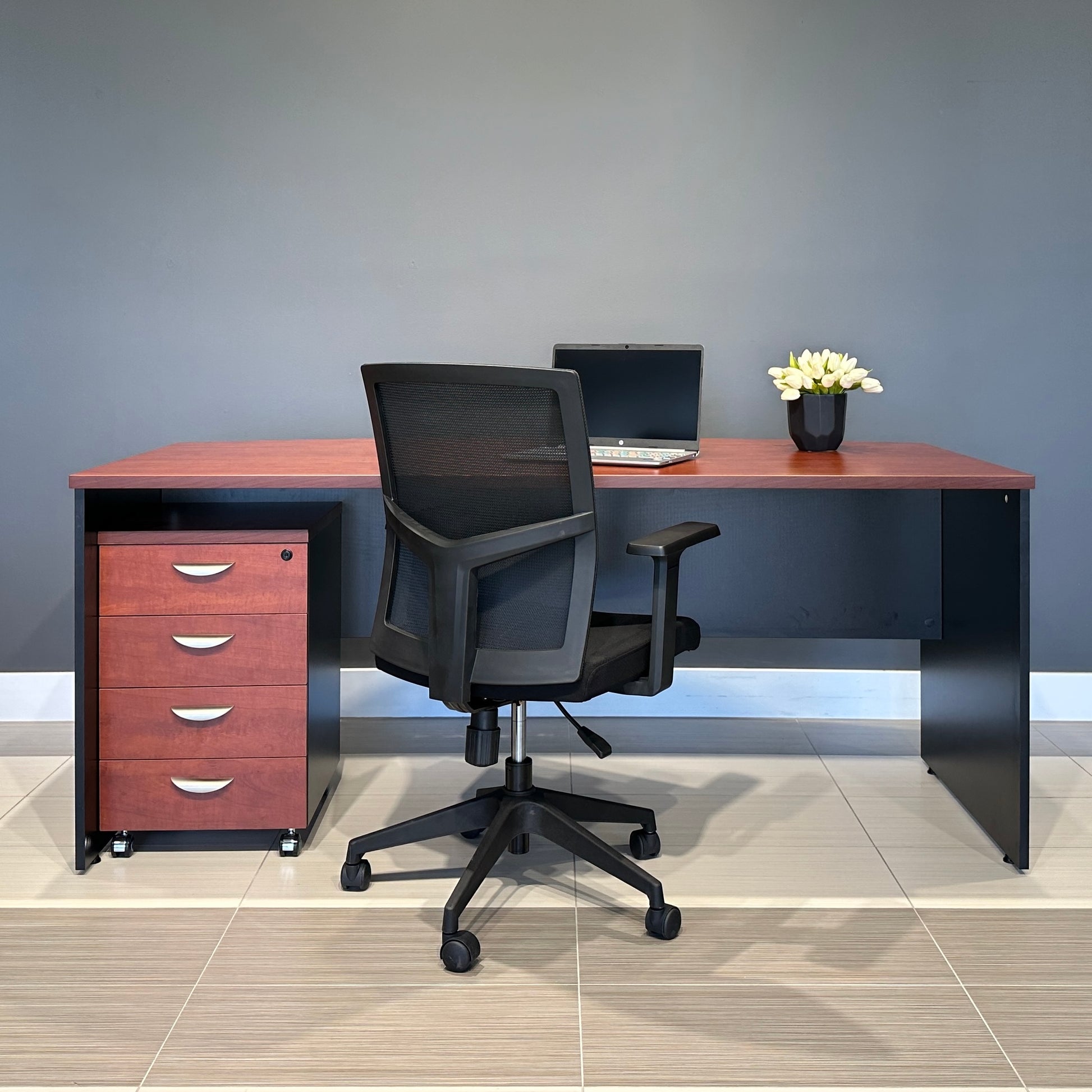 Performance Bow Front Desk - Red Gum/ Charcoal