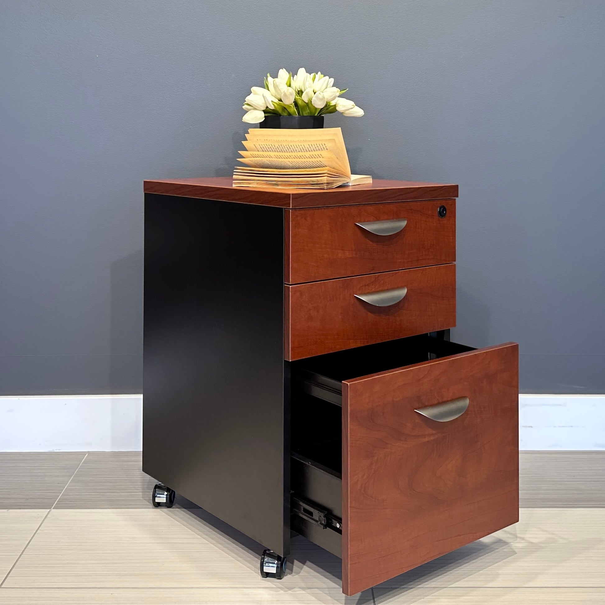 Performance 2 Drawer, 1 File Pedestal - Red Gum/ Charcoal
