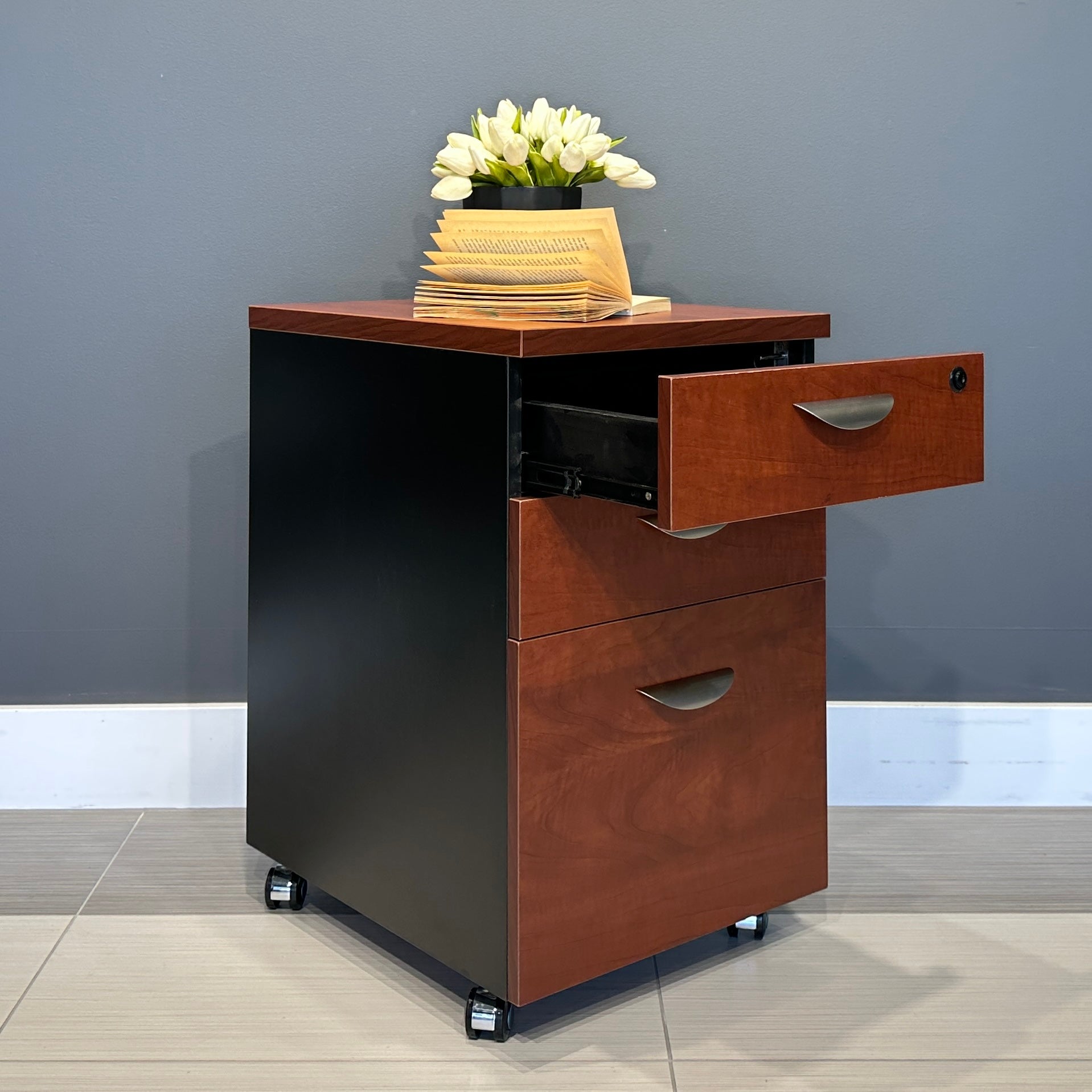 Performance 2 Drawer, 1 File Pedestal - Red Gum/ Charcoal
