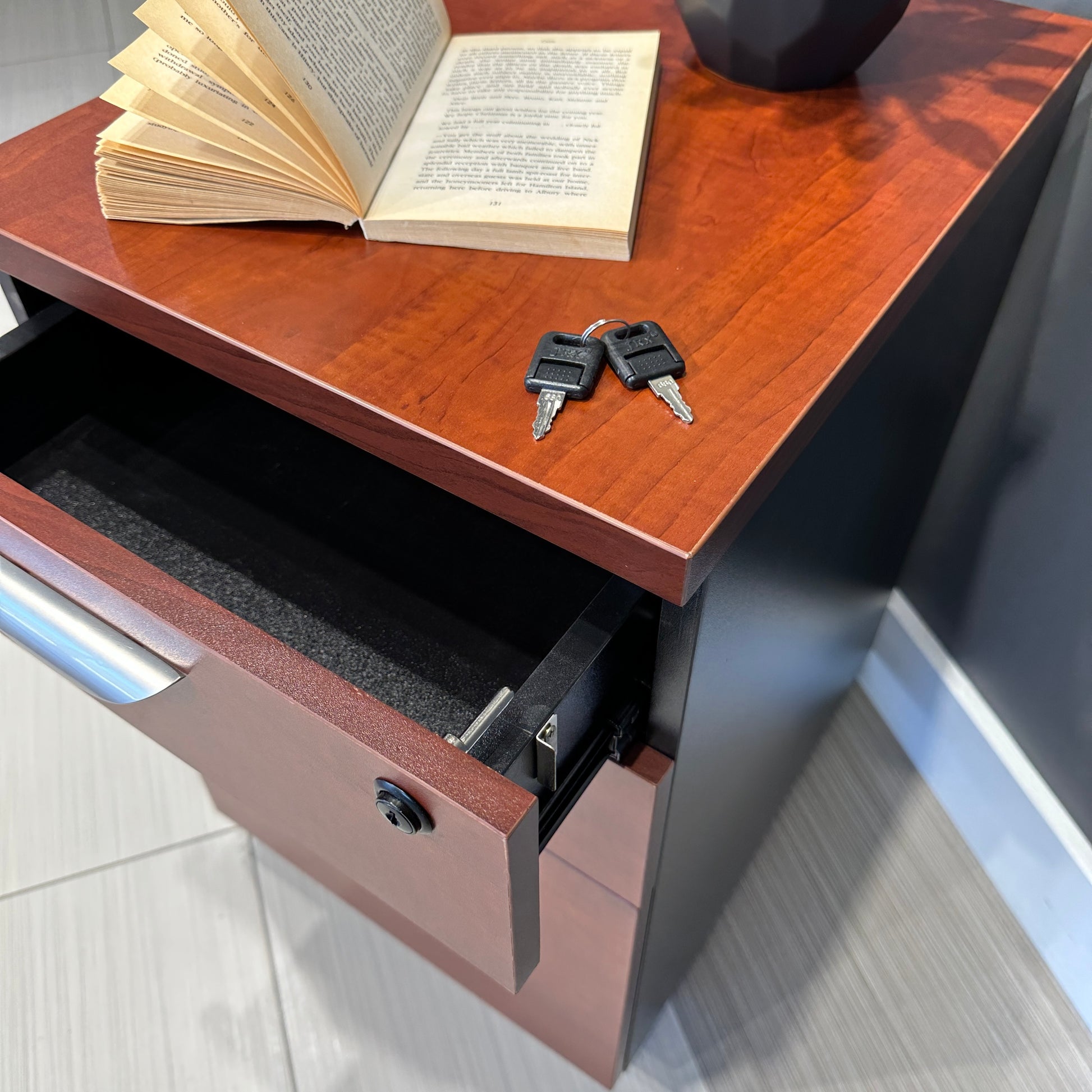 Performance 2 Drawer, 1 File Pedestal - Red Gum/ Charcoal