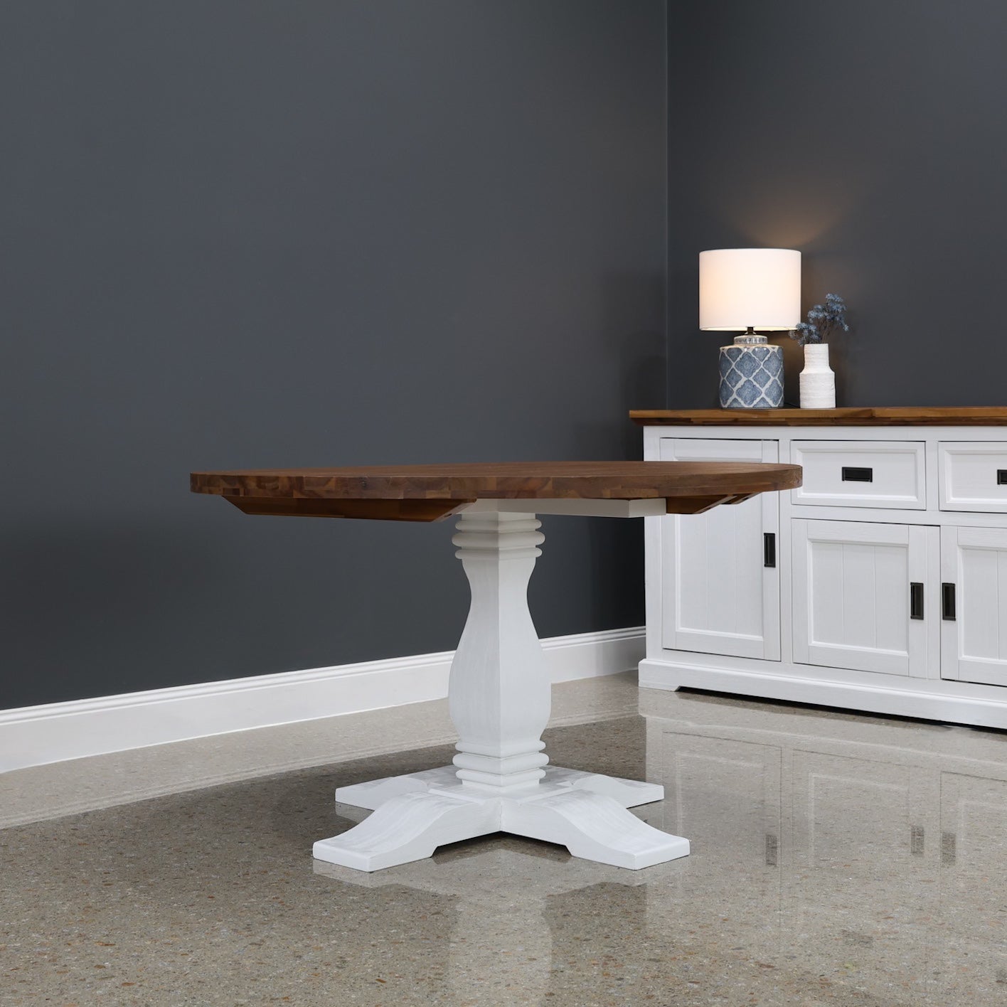 Provedore Two Tone Dining Table - Round Pedestal Leg