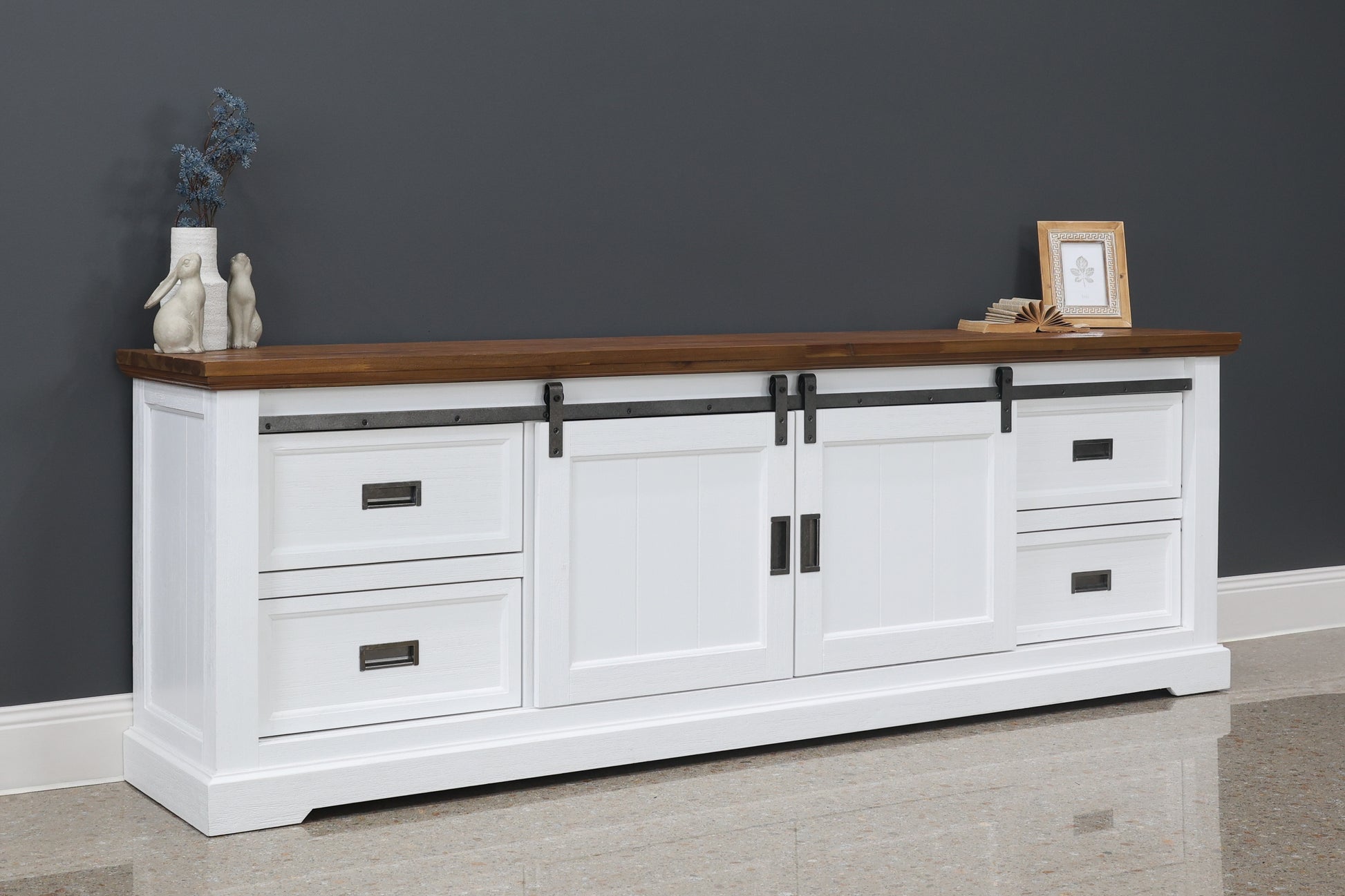 Provedore Two Tone Tv Unit - Large w/ 2 Barn Doors, 4 Drawers