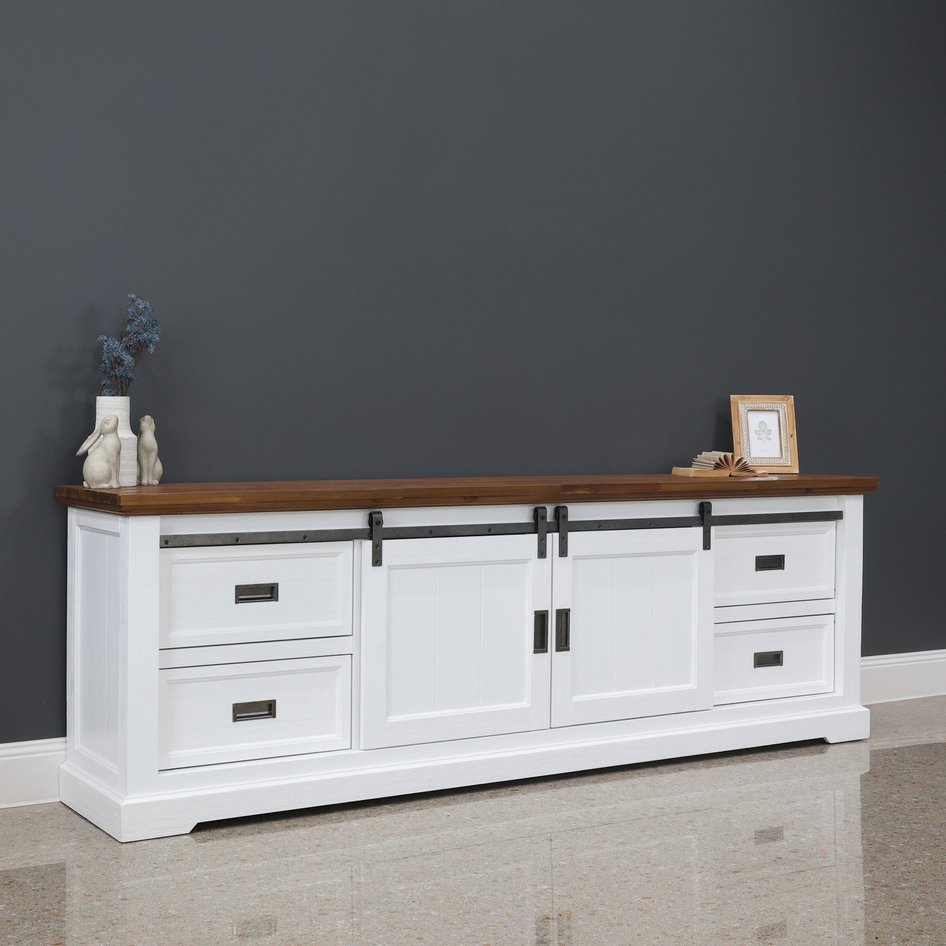 Provedore Two Tone Tv Unit - Large w/ 2 Barn Doors, 4 Drawers