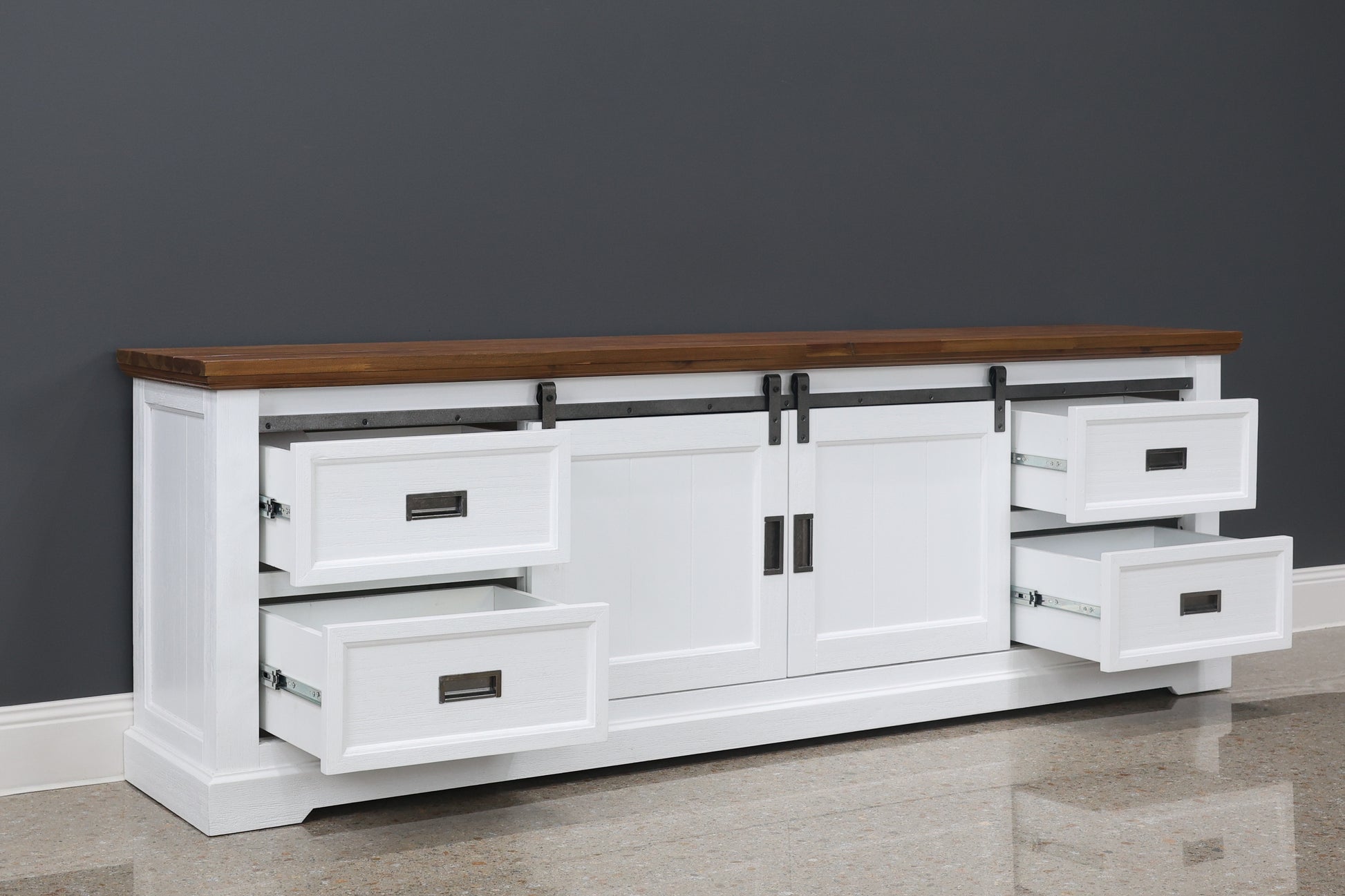 Provedore Two Tone Tv Unit - Large w/ 2 Barn Doors, 4 Drawers