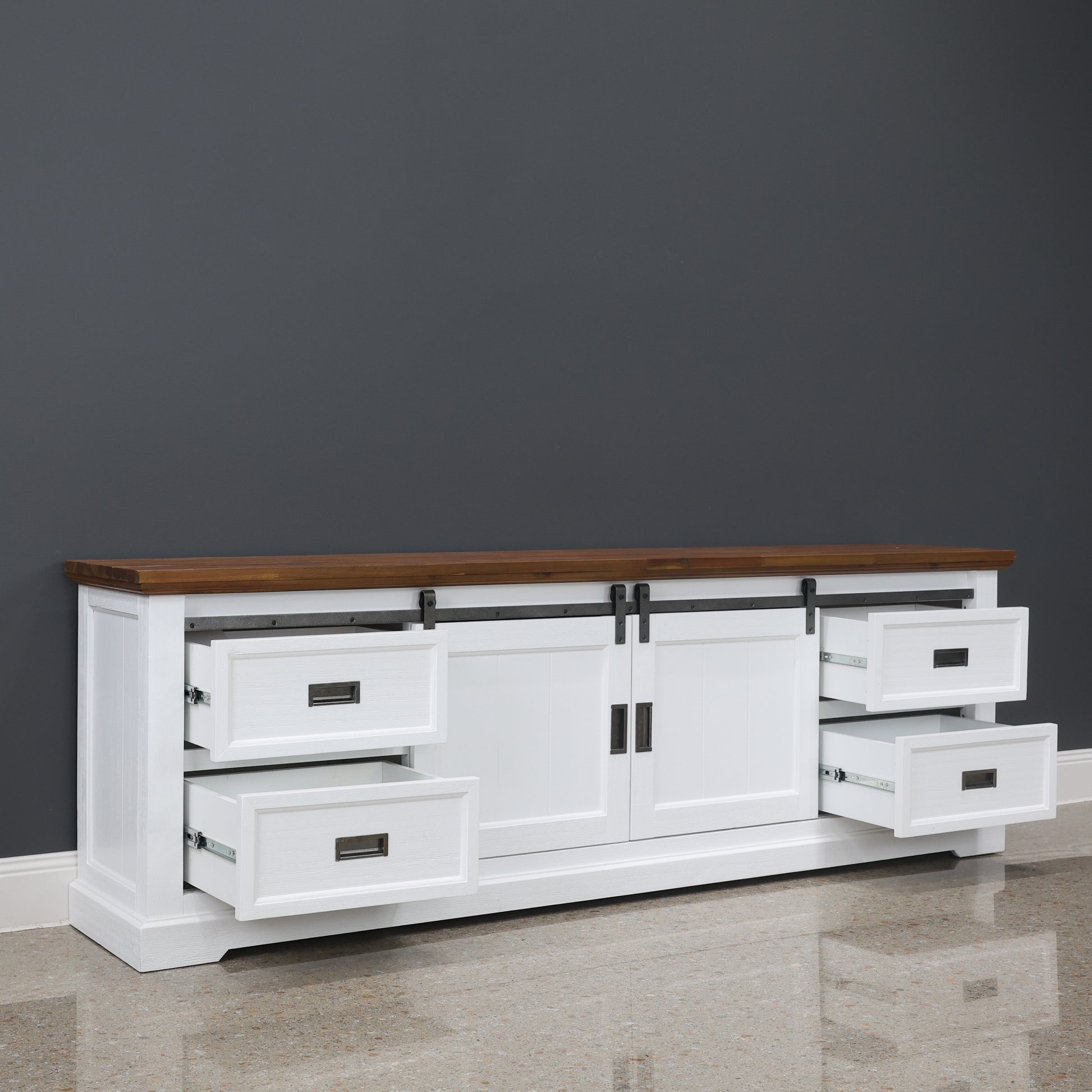 Provedore Two Tone Tv Unit - Large w/ 2 Barn Doors, 4 Drawers