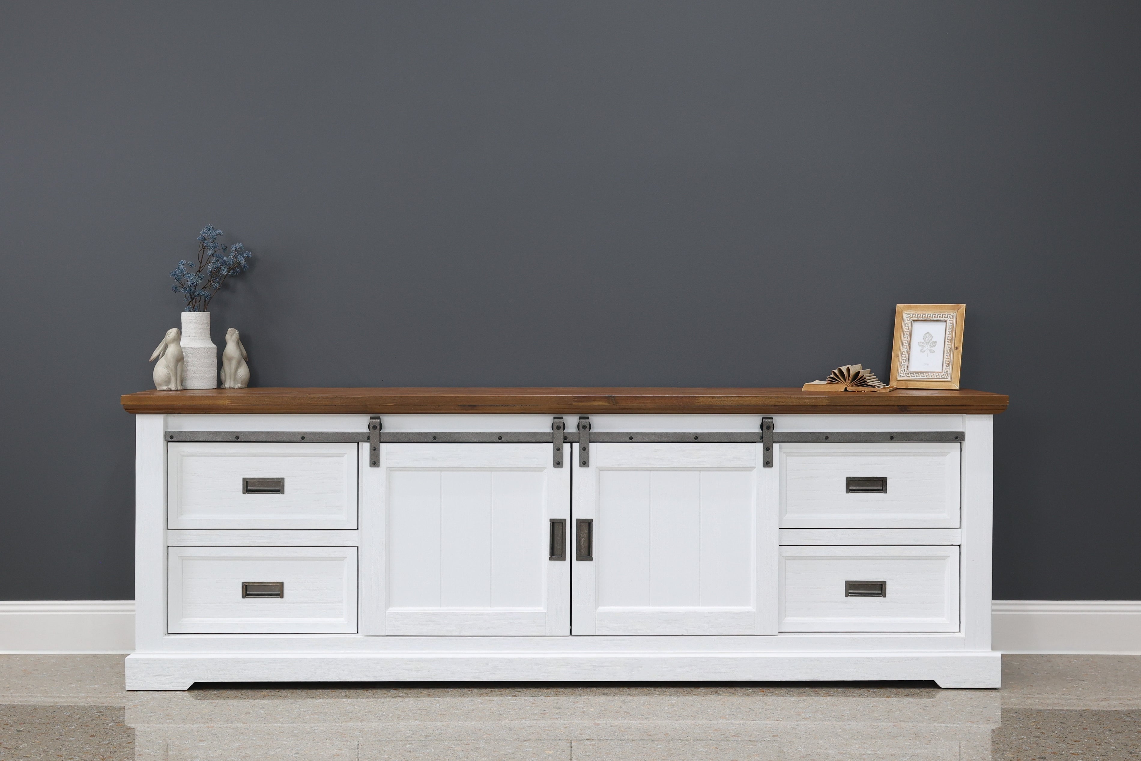 Provedore Two Tone Tv Unit - Large w/ 2 Barn Doors, 4 Drawers