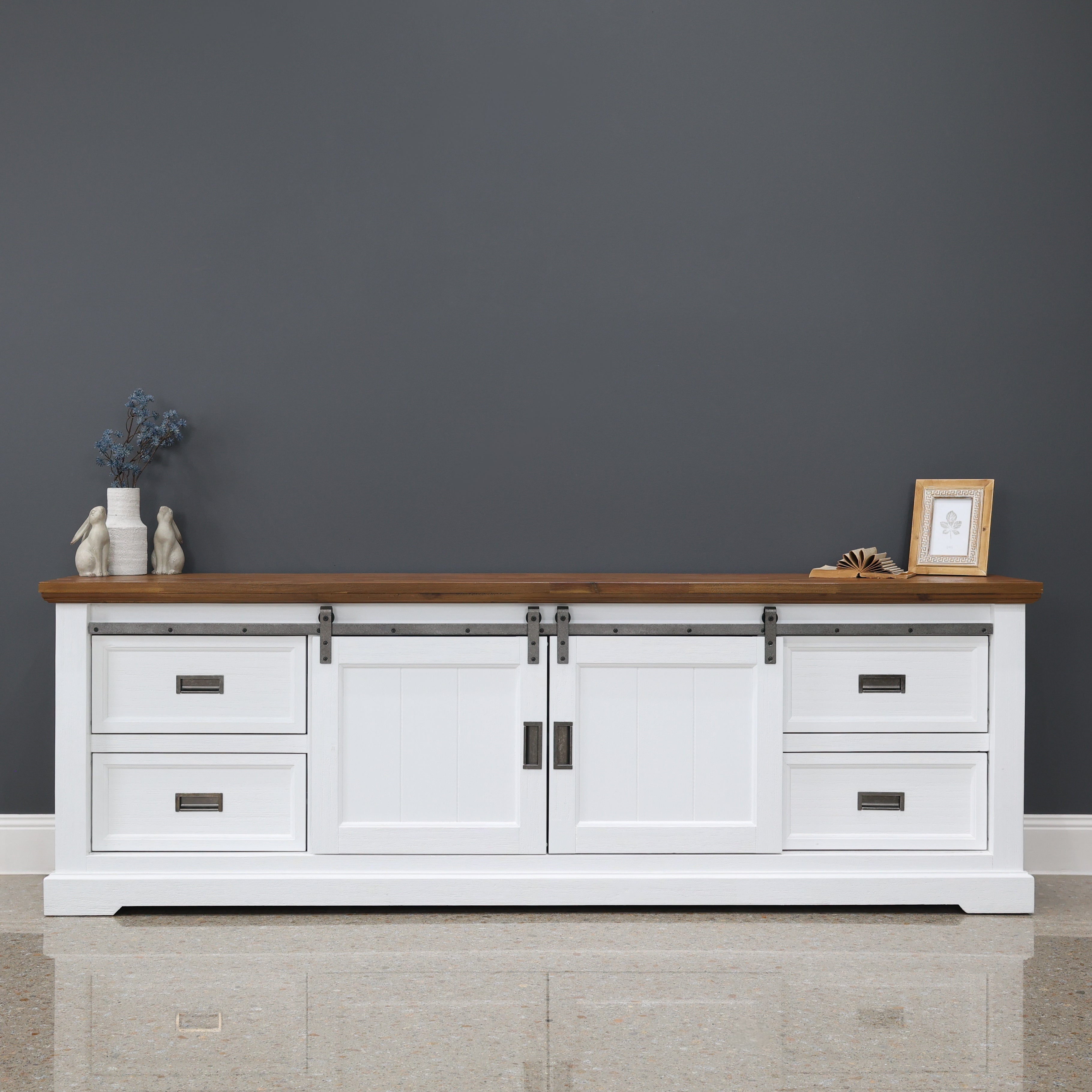 Provedore Two Tone Tv Unit - Large w/ 2 Barn Doors, 4 Drawers