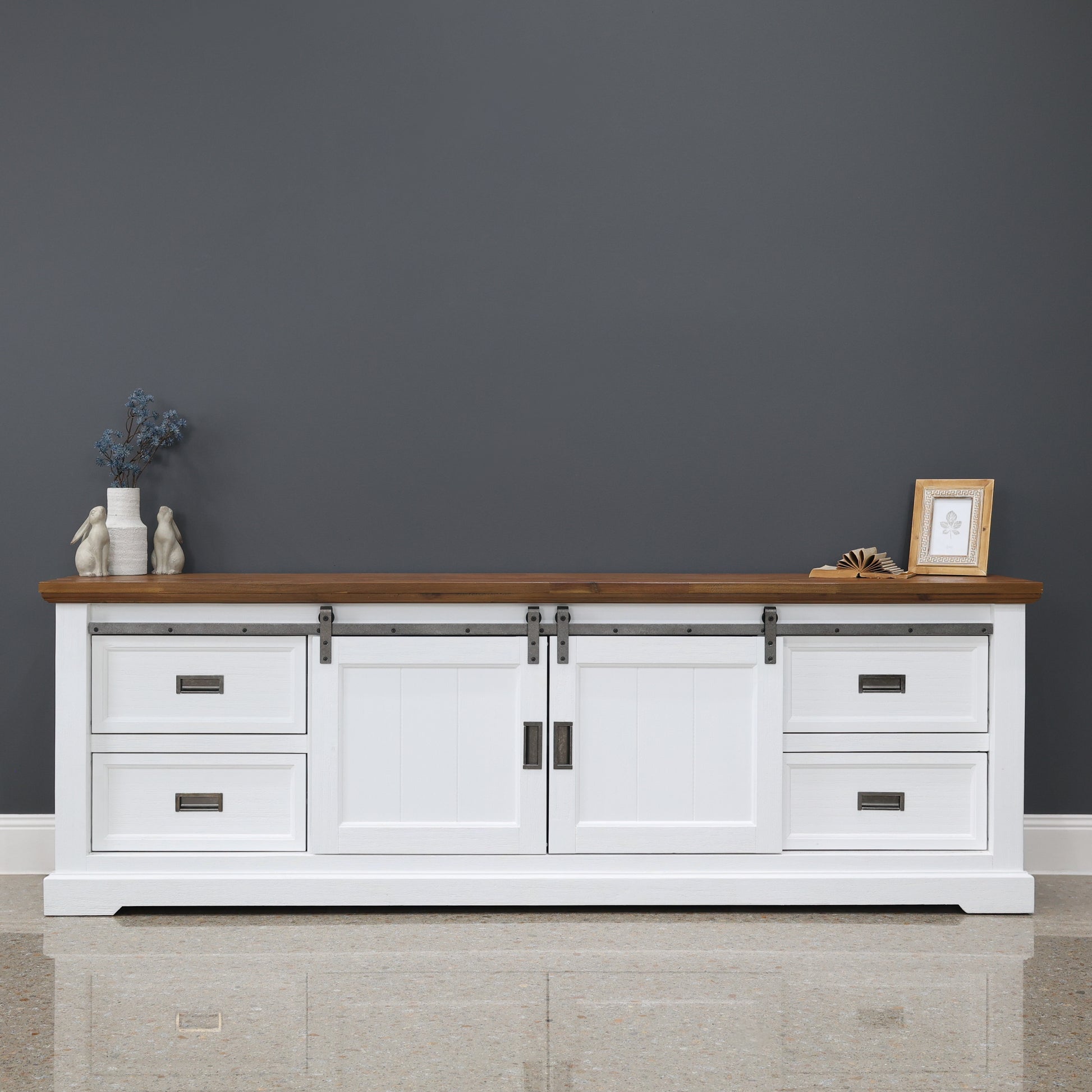 Provedore Two Tone Tv Unit - Large w/ 2 Barn Doors, 4 Drawers