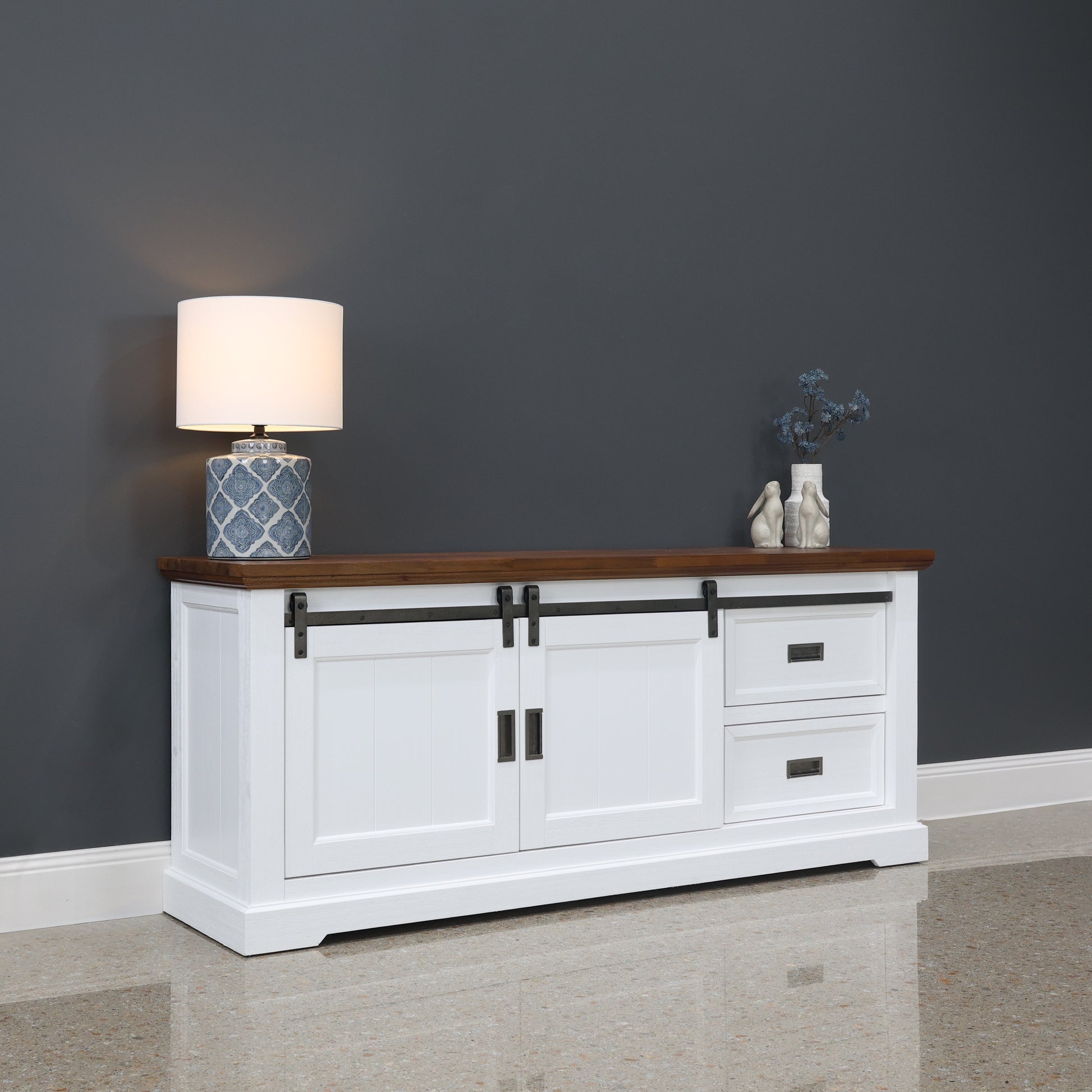 Provedore Two Tone Tv Unit - Medium w/ 2 Drawers 2 Sliding Barn Doors