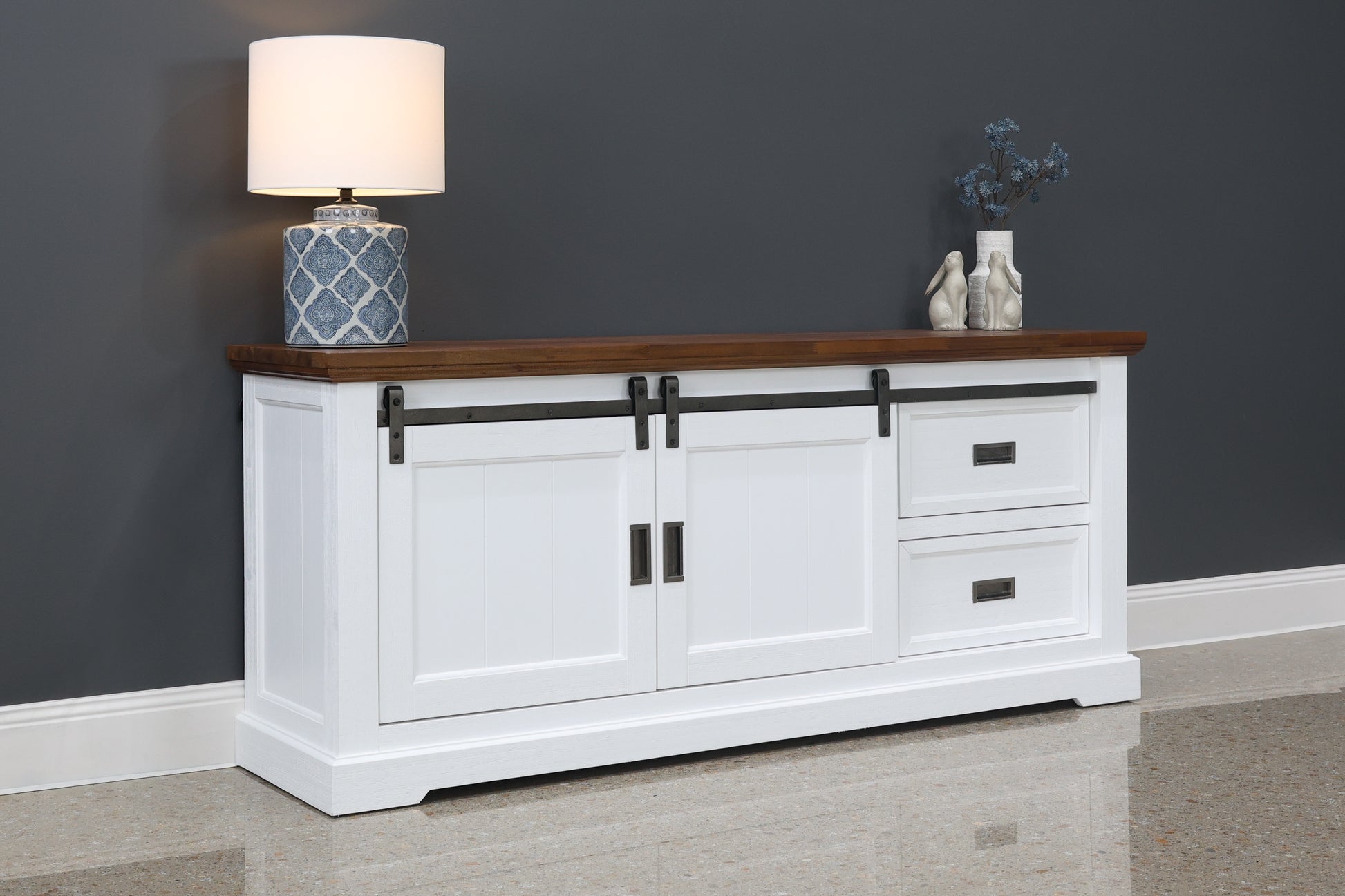 Provedore Two Tone Tv Unit - Medium w/ 2 Drawers 2 Sliding Barn Doors