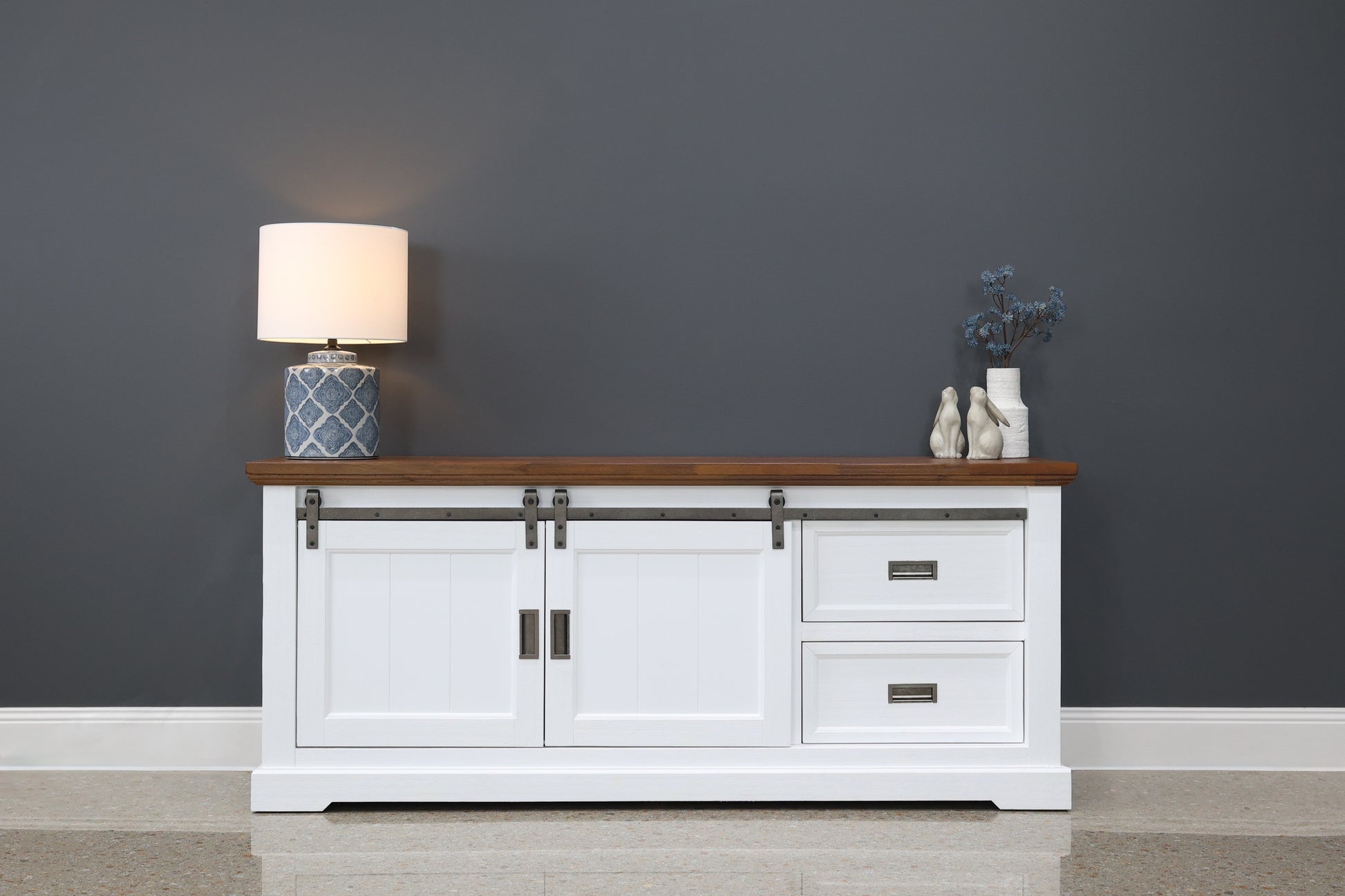 Provedore Two Tone Tv Unit - Medium w/ 2 Drawers 2 Sliding Barn Doors