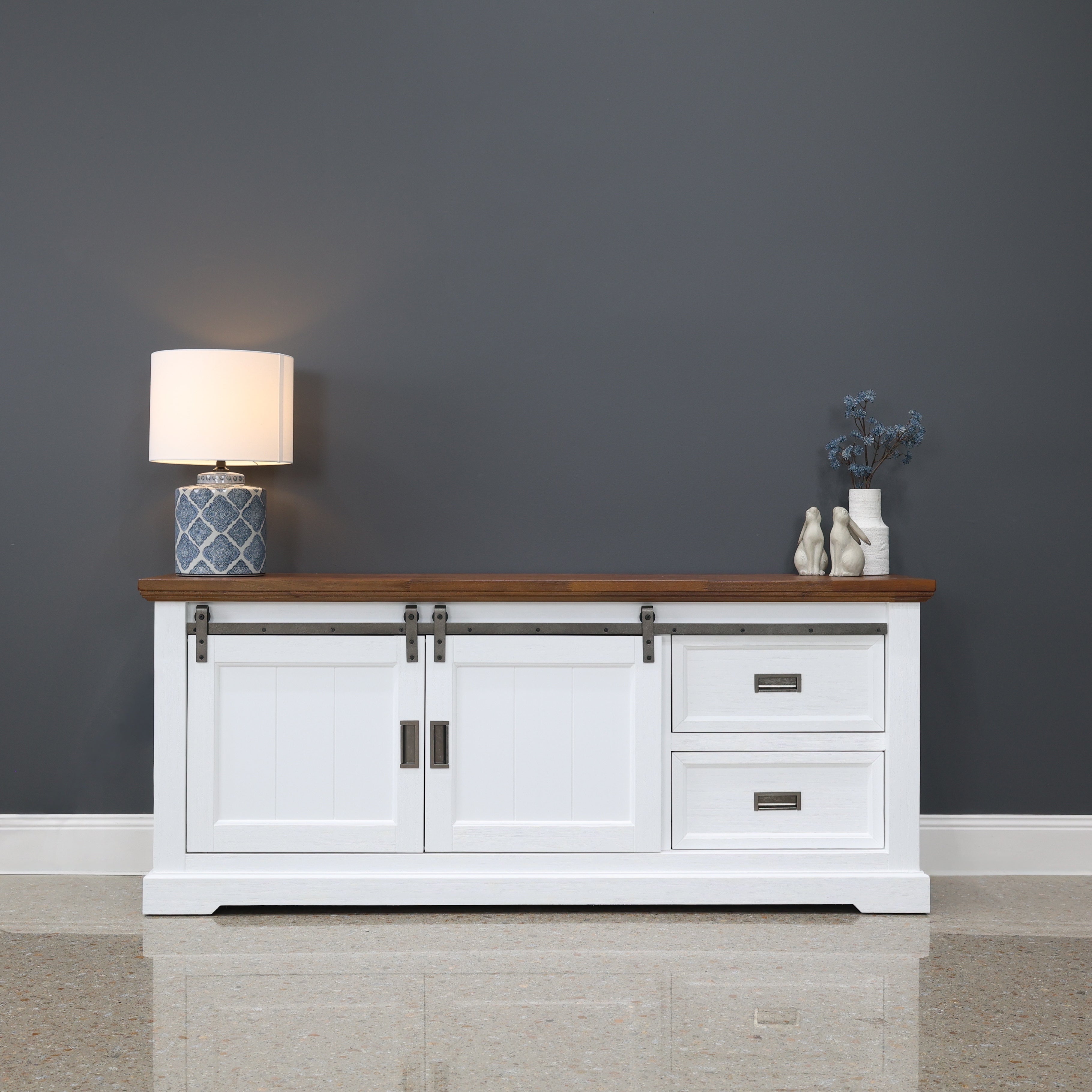 Provedore Two Tone Tv Unit - Medium w/ 2 Drawers 2 Sliding Barn Doors