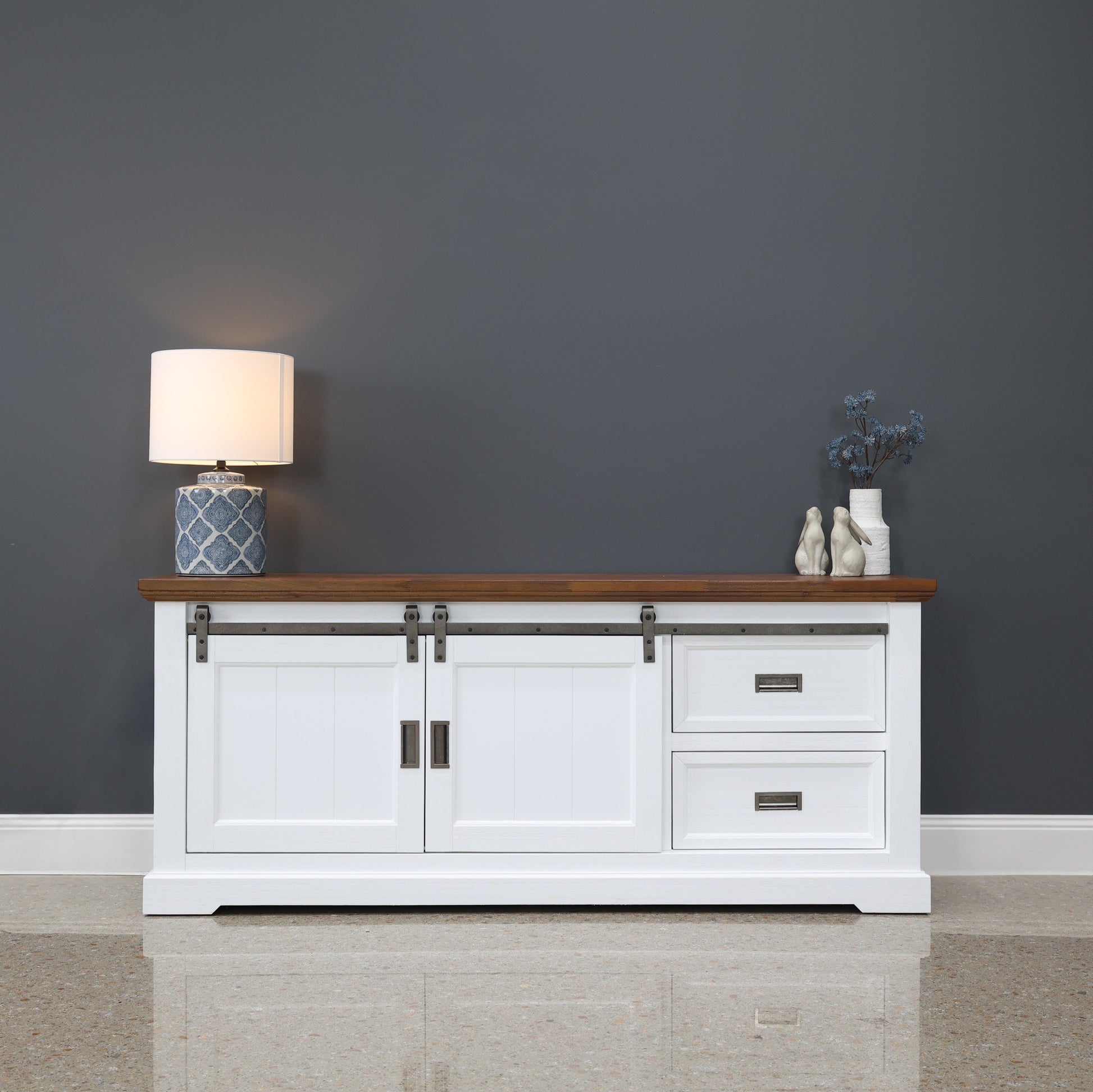 Provedore Two Tone Tv Unit - Medium w/ 2 Drawers 2 Sliding Barn Doors