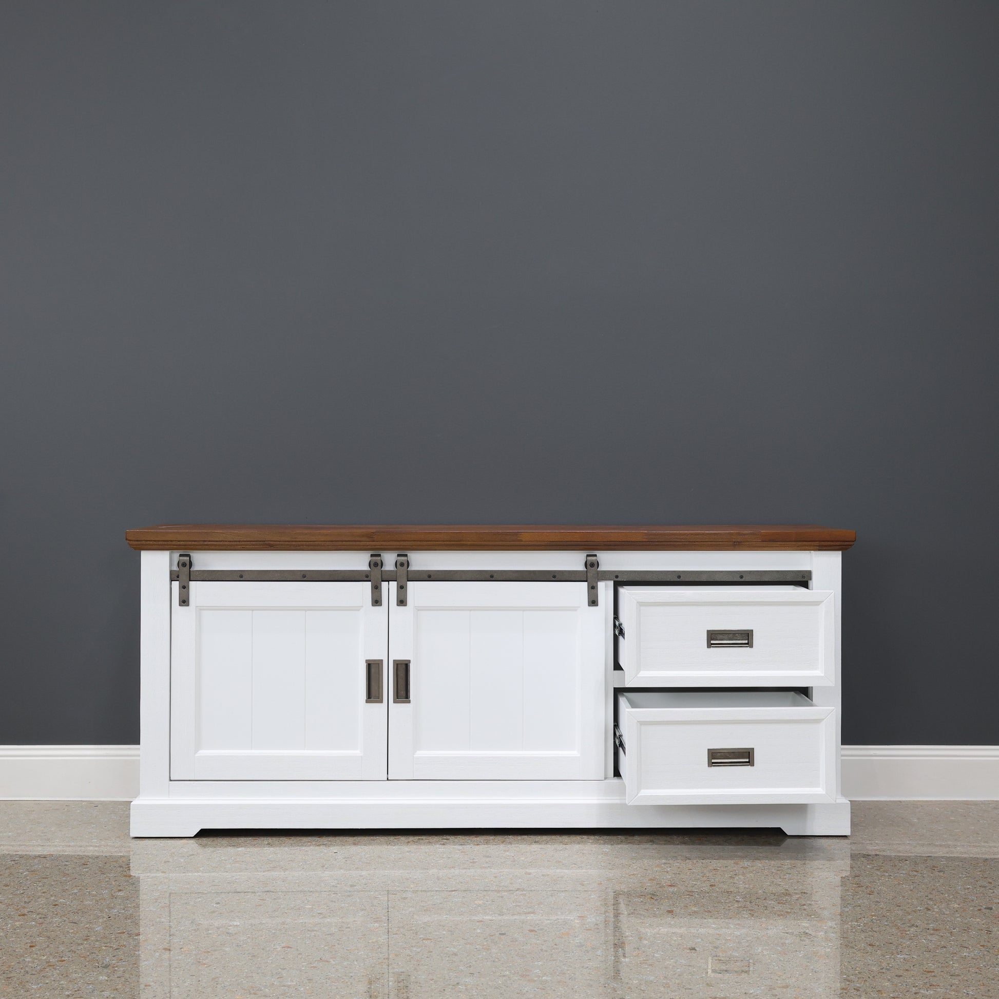 Provedore Two Tone Tv Unit - Medium w/ 2 Drawers 2 Sliding Barn Doors