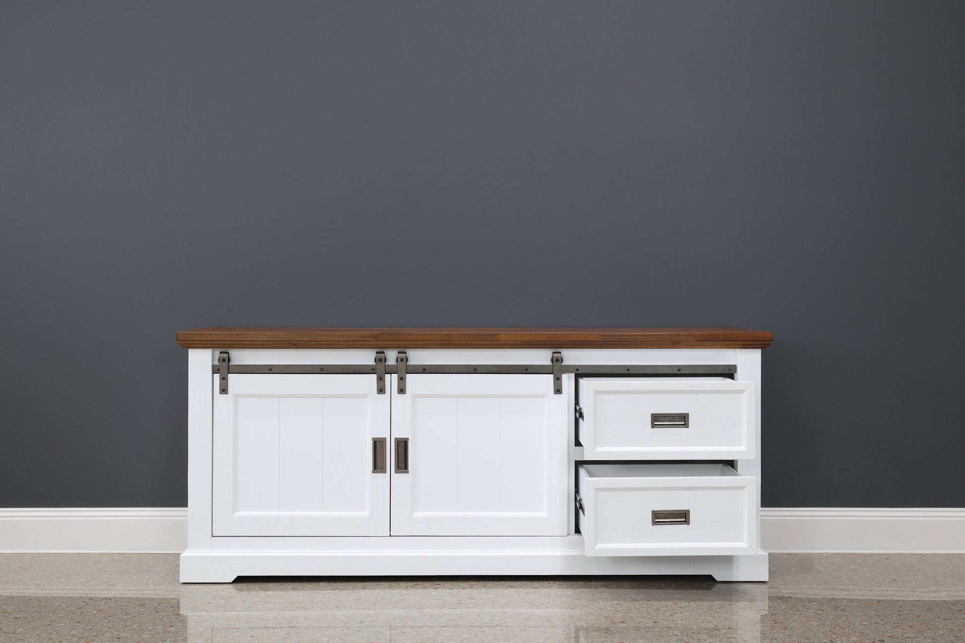 Provedore Two Tone Tv Unit - Medium w/ 2 Drawers 2 Sliding Barn Doors