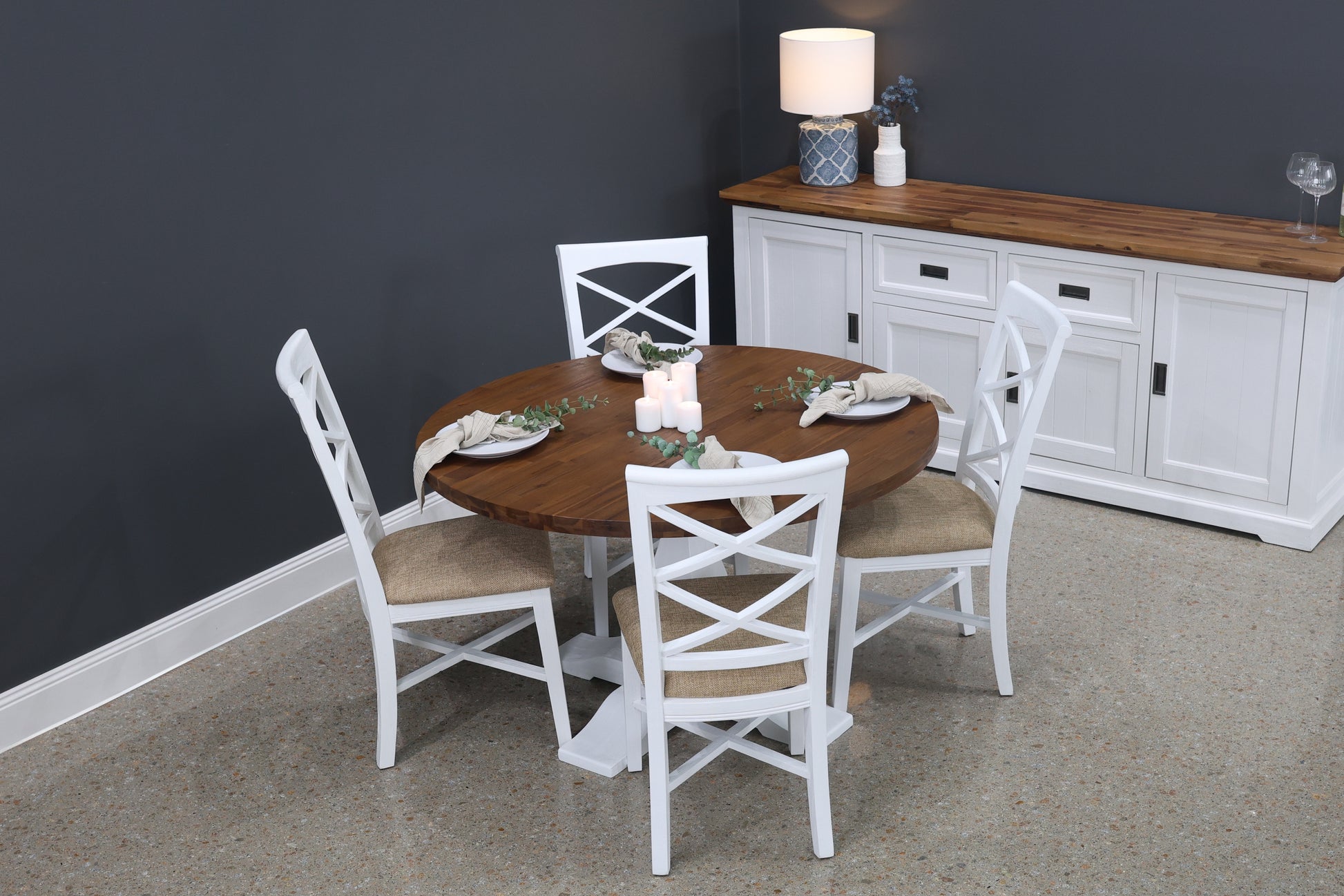Provedore Two Tone Dining Table - Round Pedestal Leg